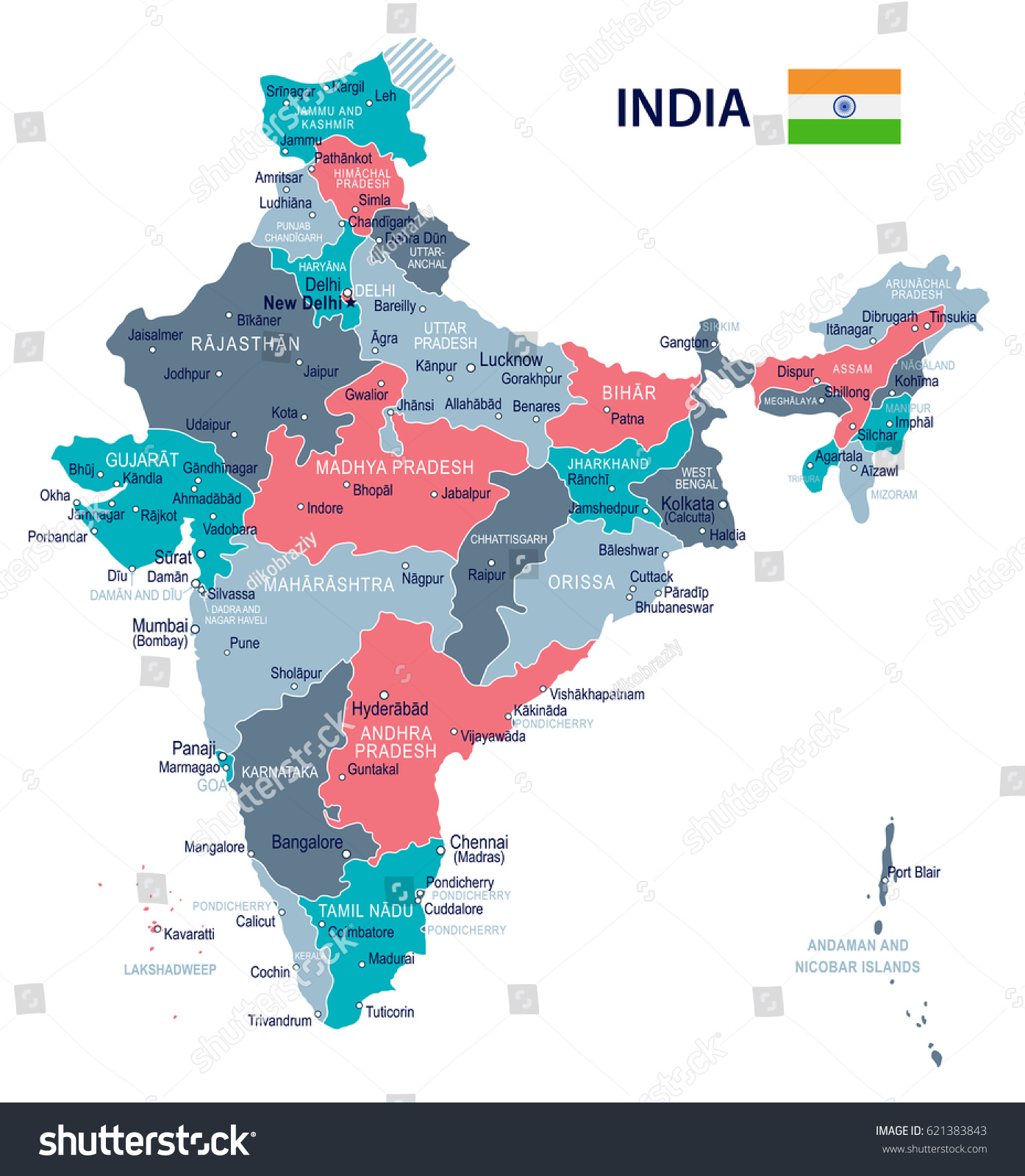 インドの地図と国旗 詳細なベクターイラスト のベクター画像素材 ロイヤリティフリー