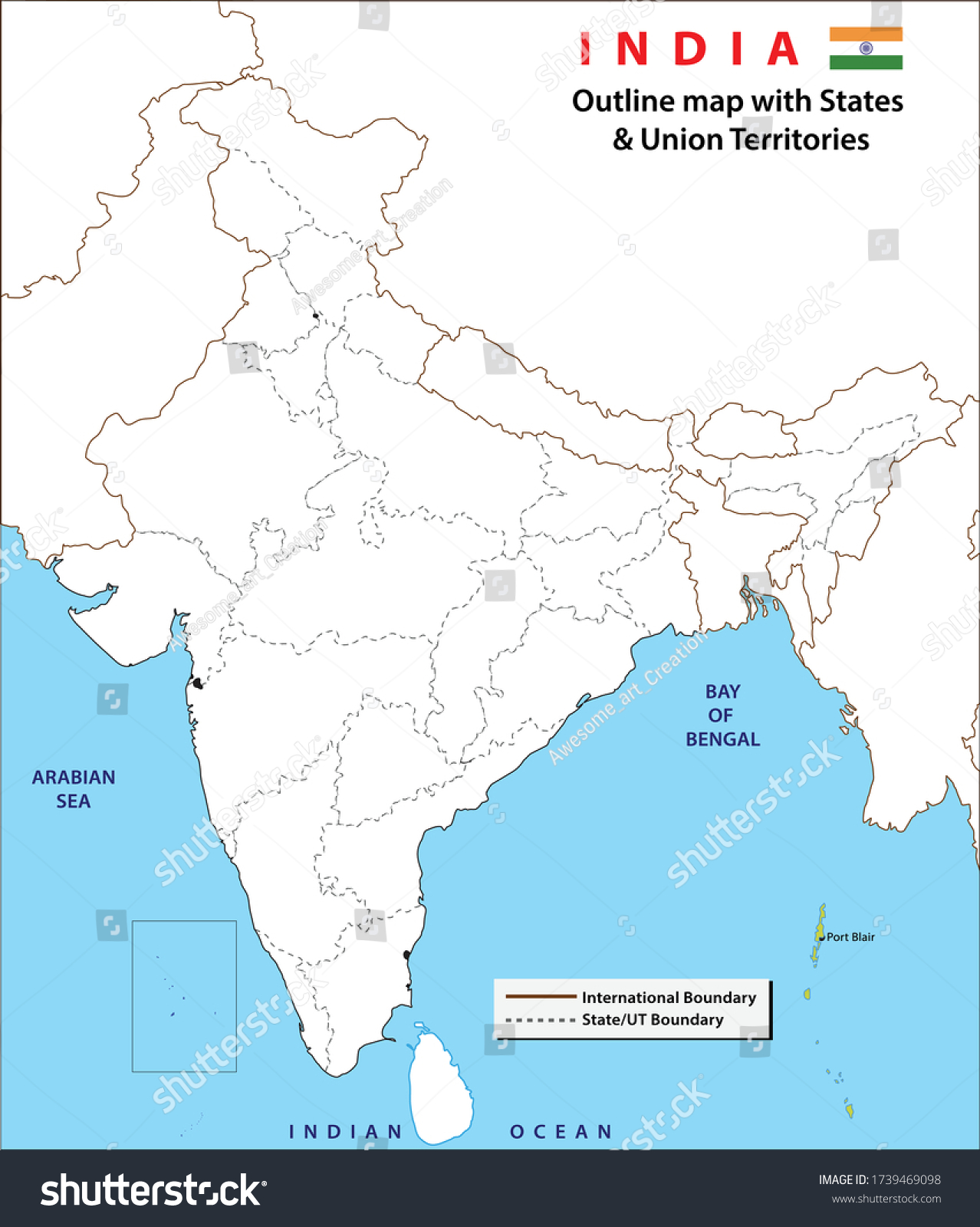 India Map Political Map India Black Stock Vector (Royalty Free) 1739469098