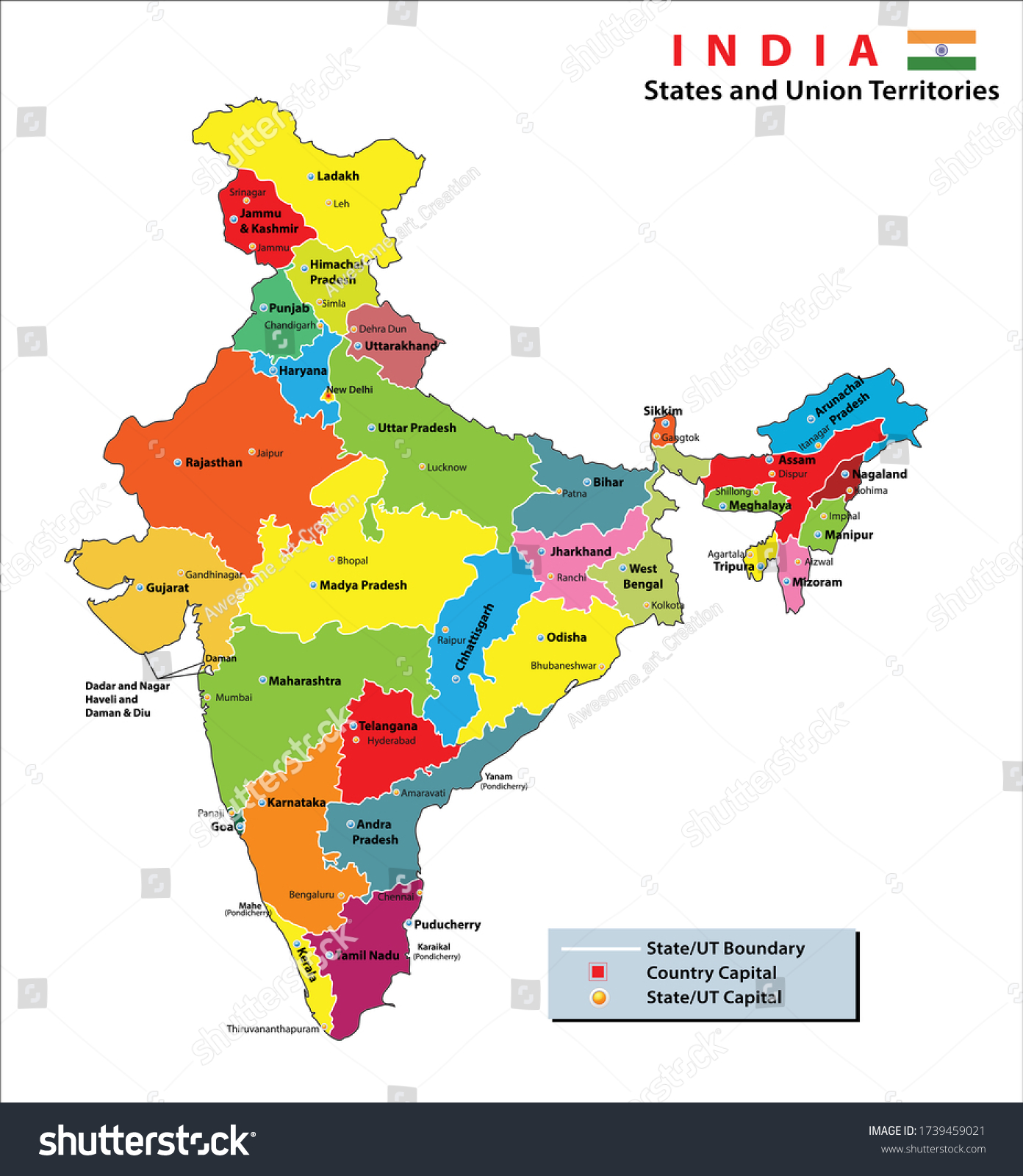 Stock Vector India Map Political Map Of India States And Union Territories Along With Their Capital Cities Of 1739459021 