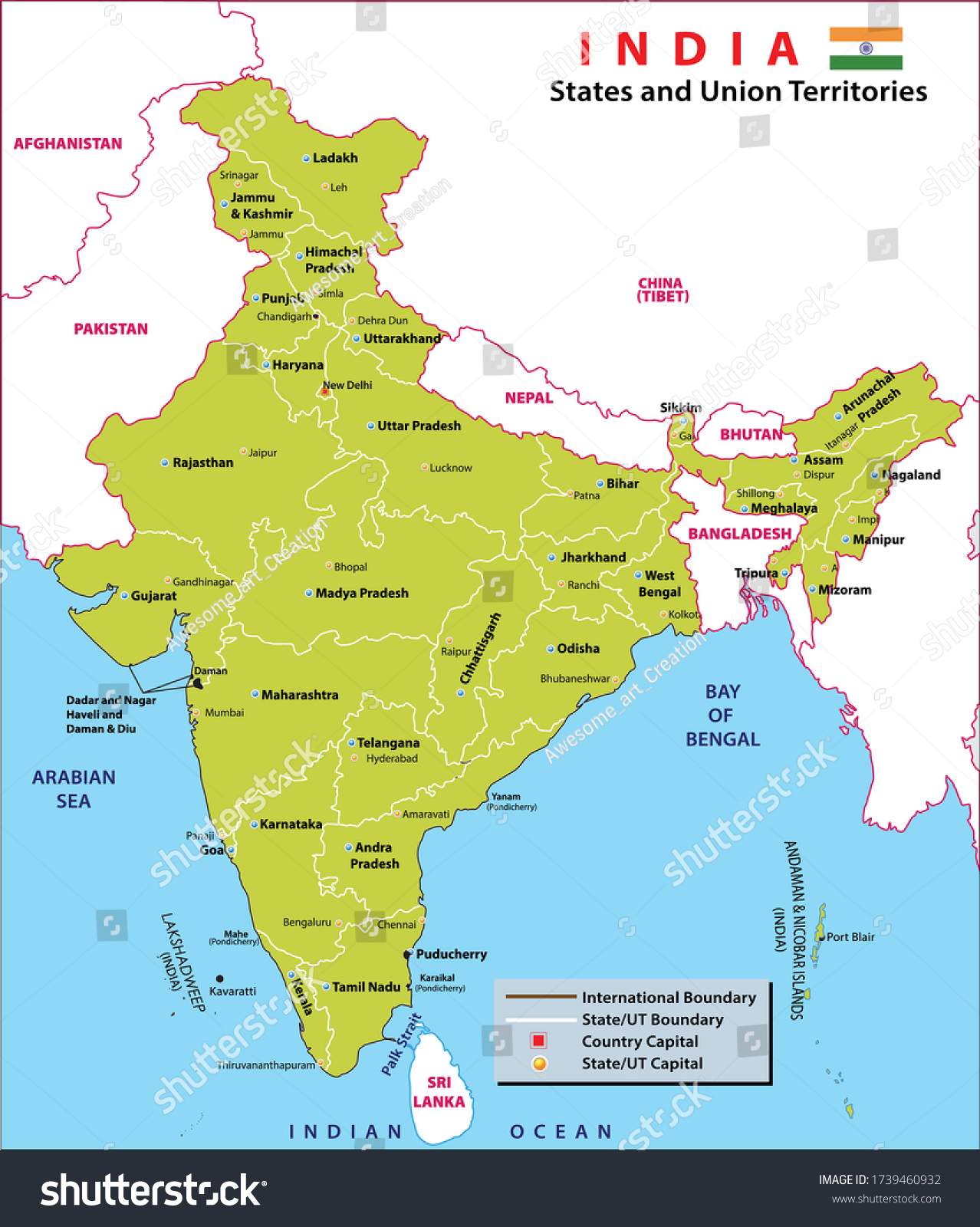 India Political Map With Capitals India Map Political Map India States Stock Vector (Royalty Free) 1739460932  | Shutterstock