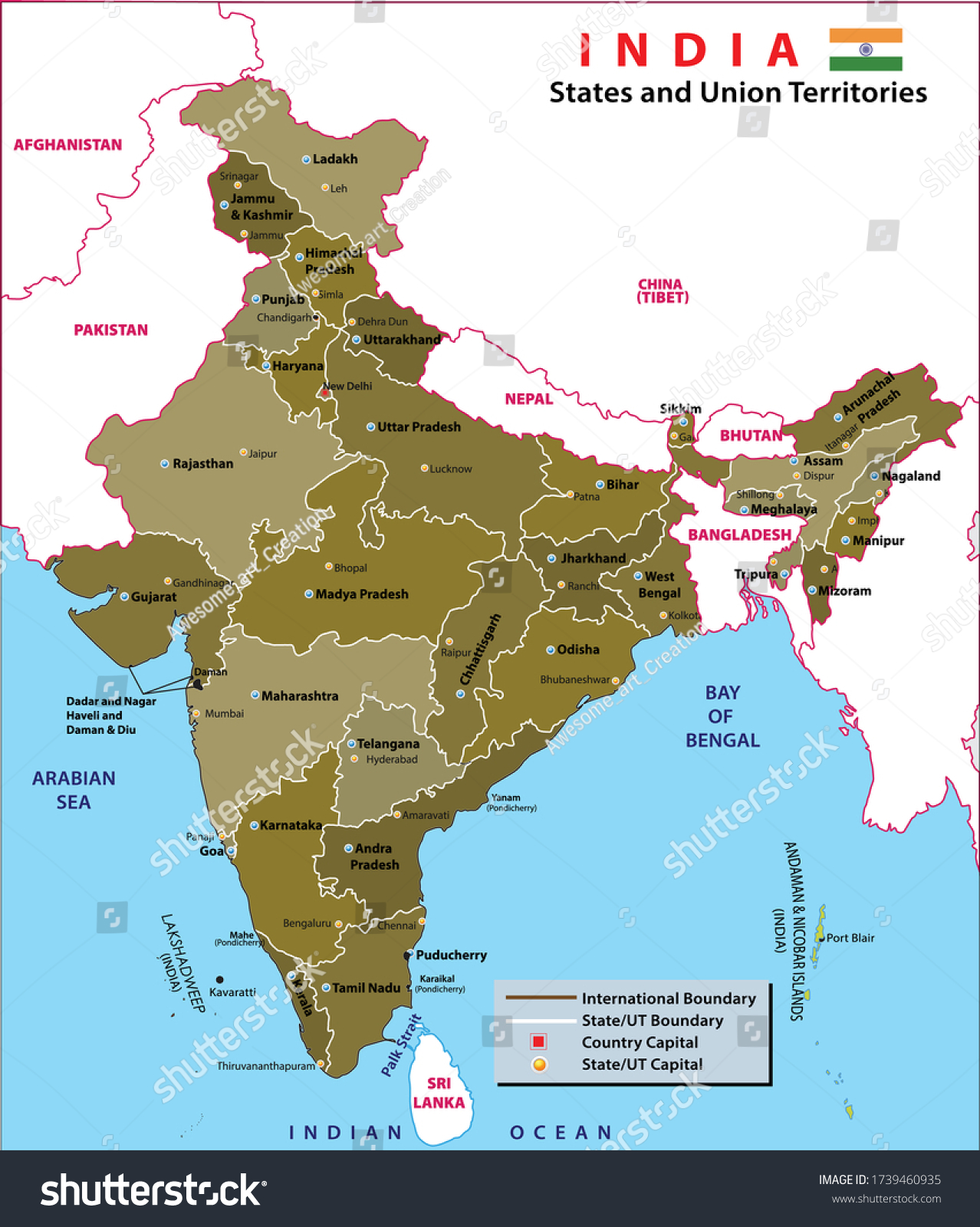 Indian Map With Union Territories India Map Political Map India States Stock Vector (Royalty Free) 1739460932  | Shutterstock