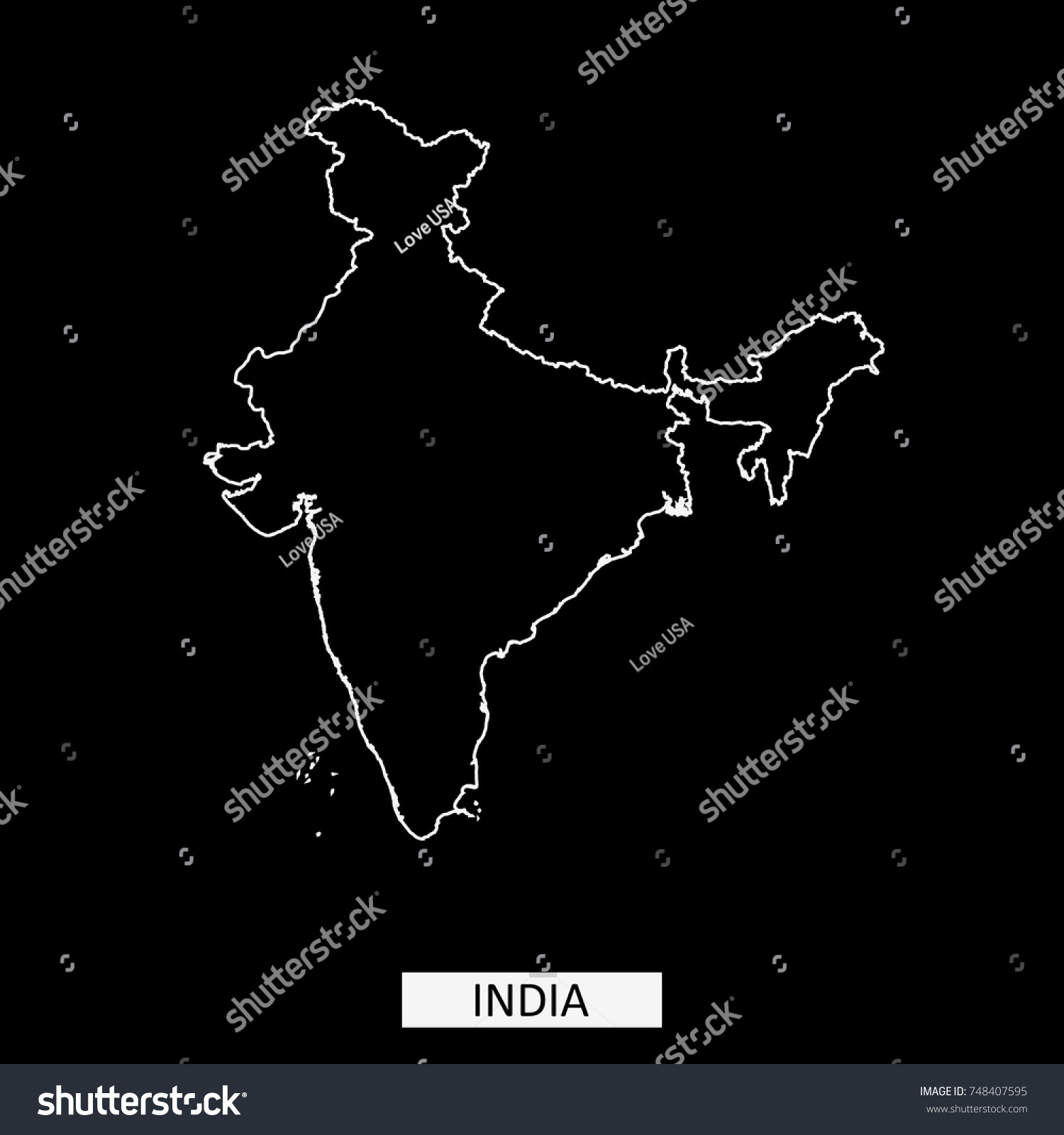 Vektor Stok India Map Vector Outline Illustration Blue (Tanpa Royalti