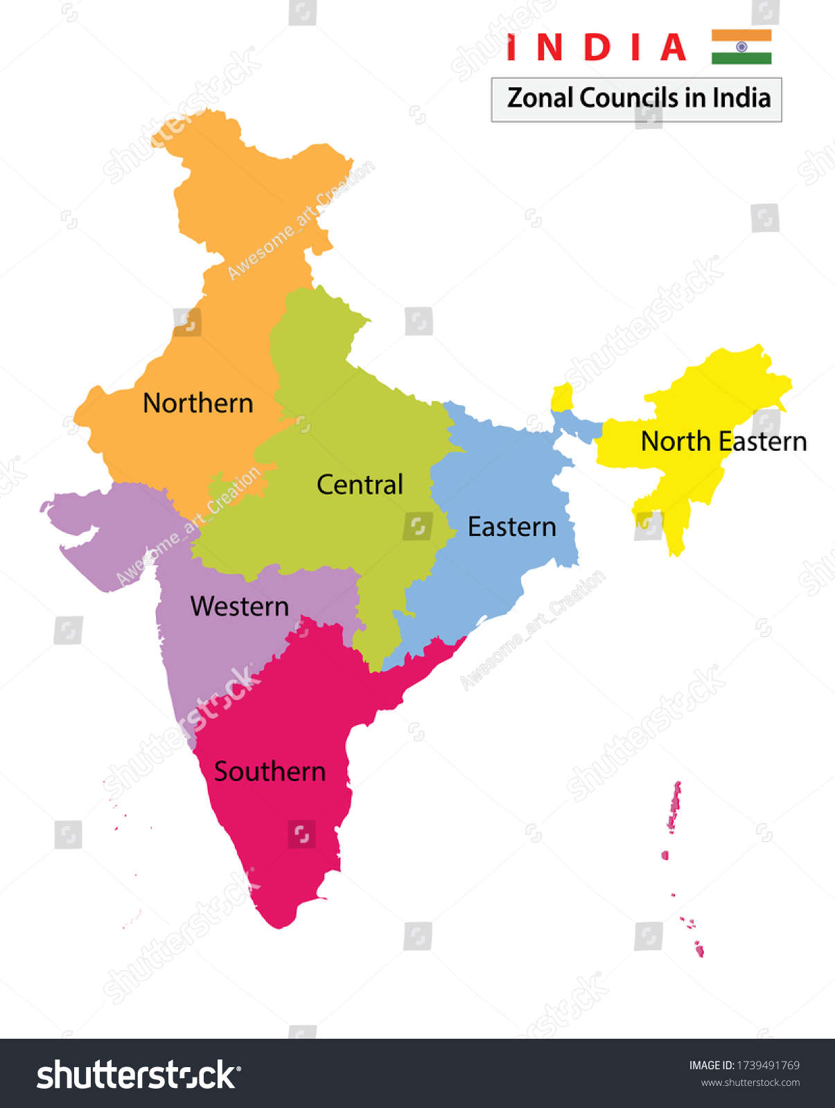 Zonal Map Of India India Map Zones Regions Administrative Map: Stockvector (Rechtenvrij)  1739491769 | Shutterstock
