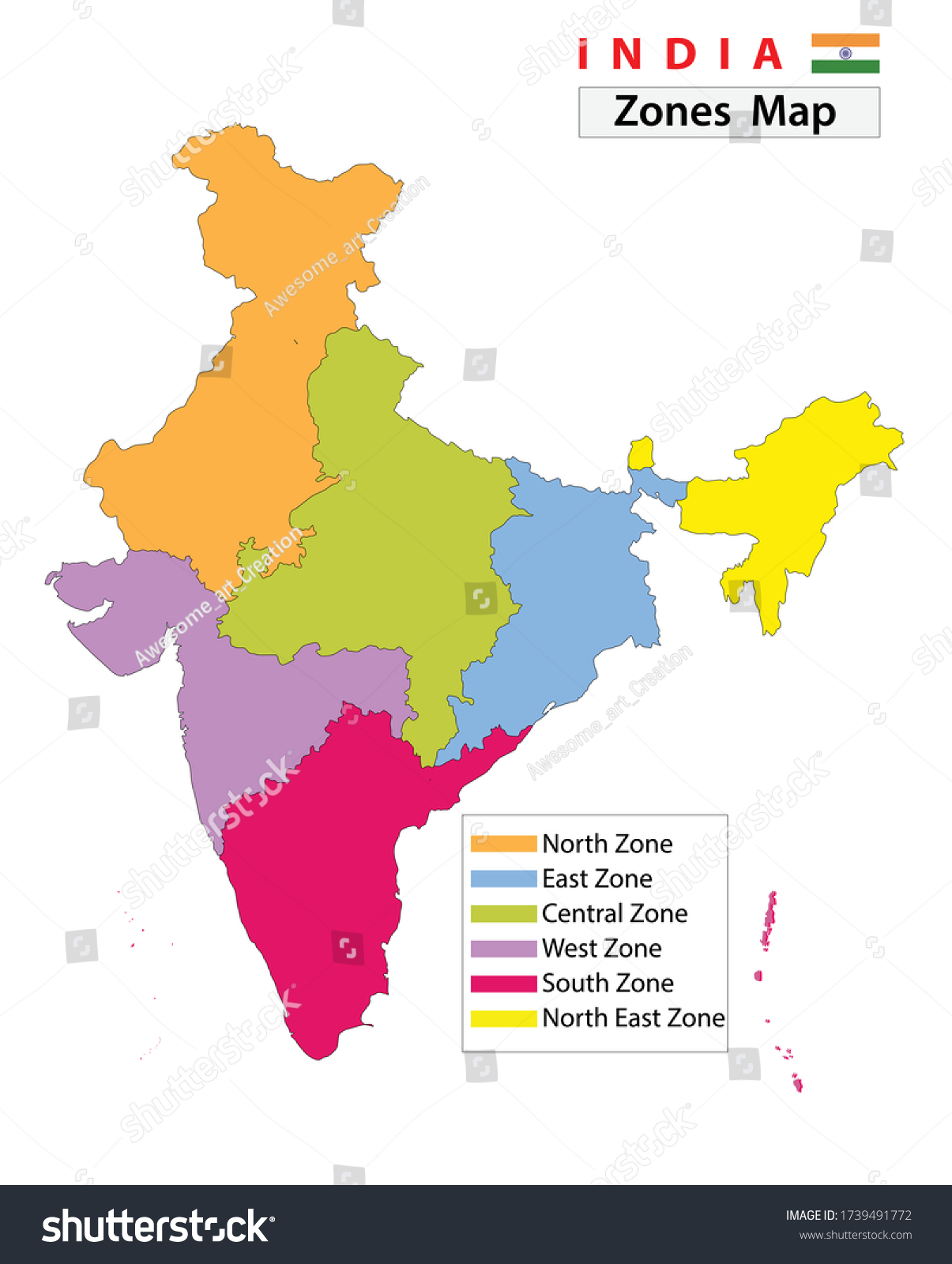 India Map Zone Wise India Map Zones Regions Administrative Map Stock Vector (Royalty Free)  1739491769 | Shutterstock