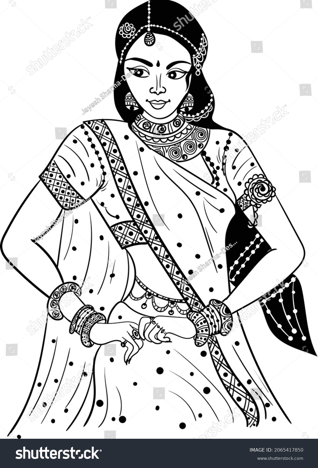 Indian Bride Black White Line Drawing Stock Vector (Royalty Free ...