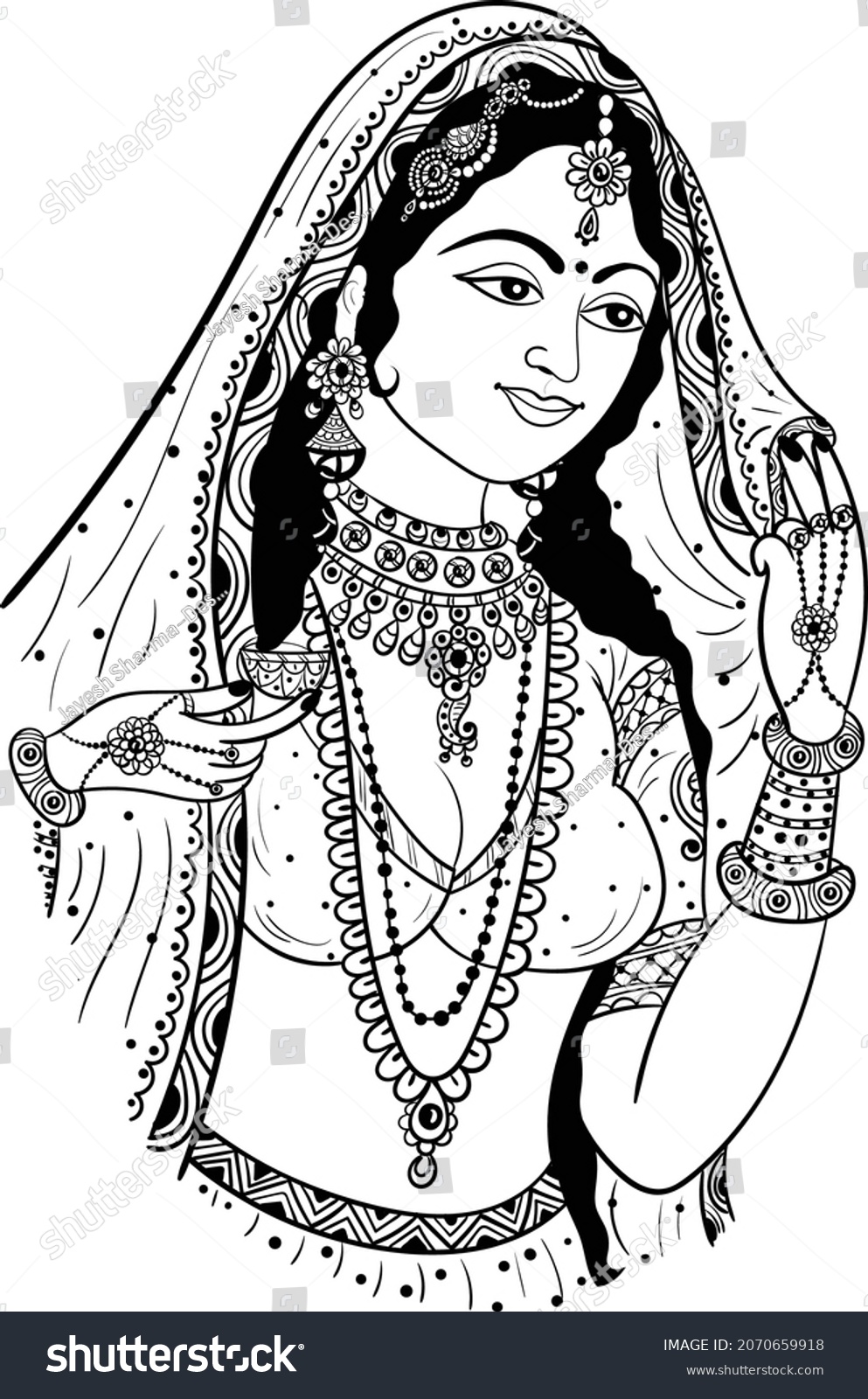 Indian Bride Black White Line Drawing Stock Vector (Royalty Free ...