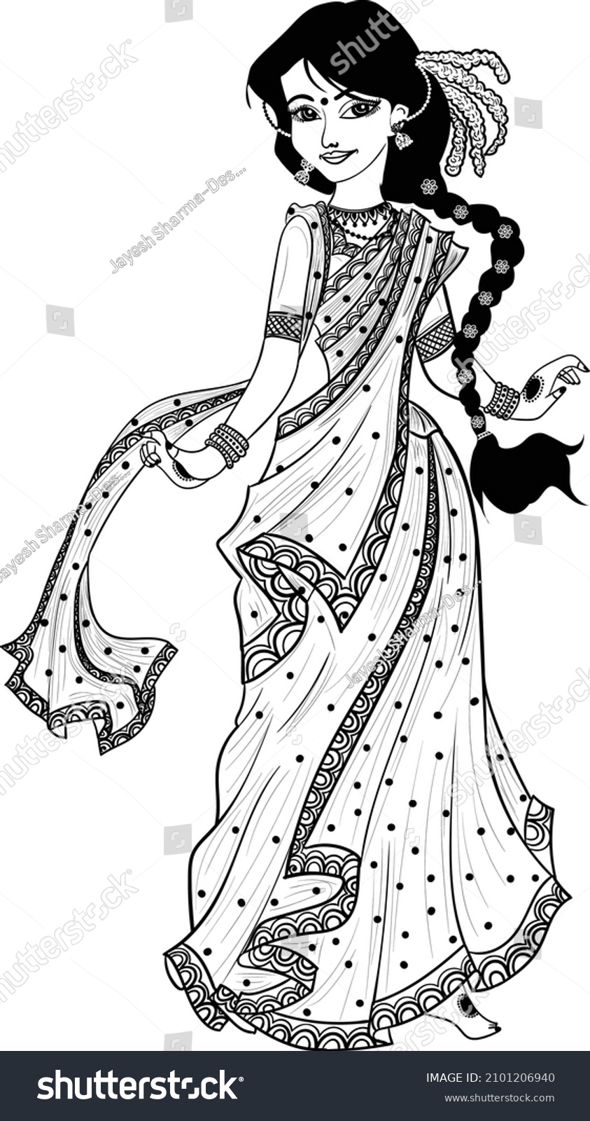 Indian Bride Black White Line Drawing Stock Vector (Royalty Free ...