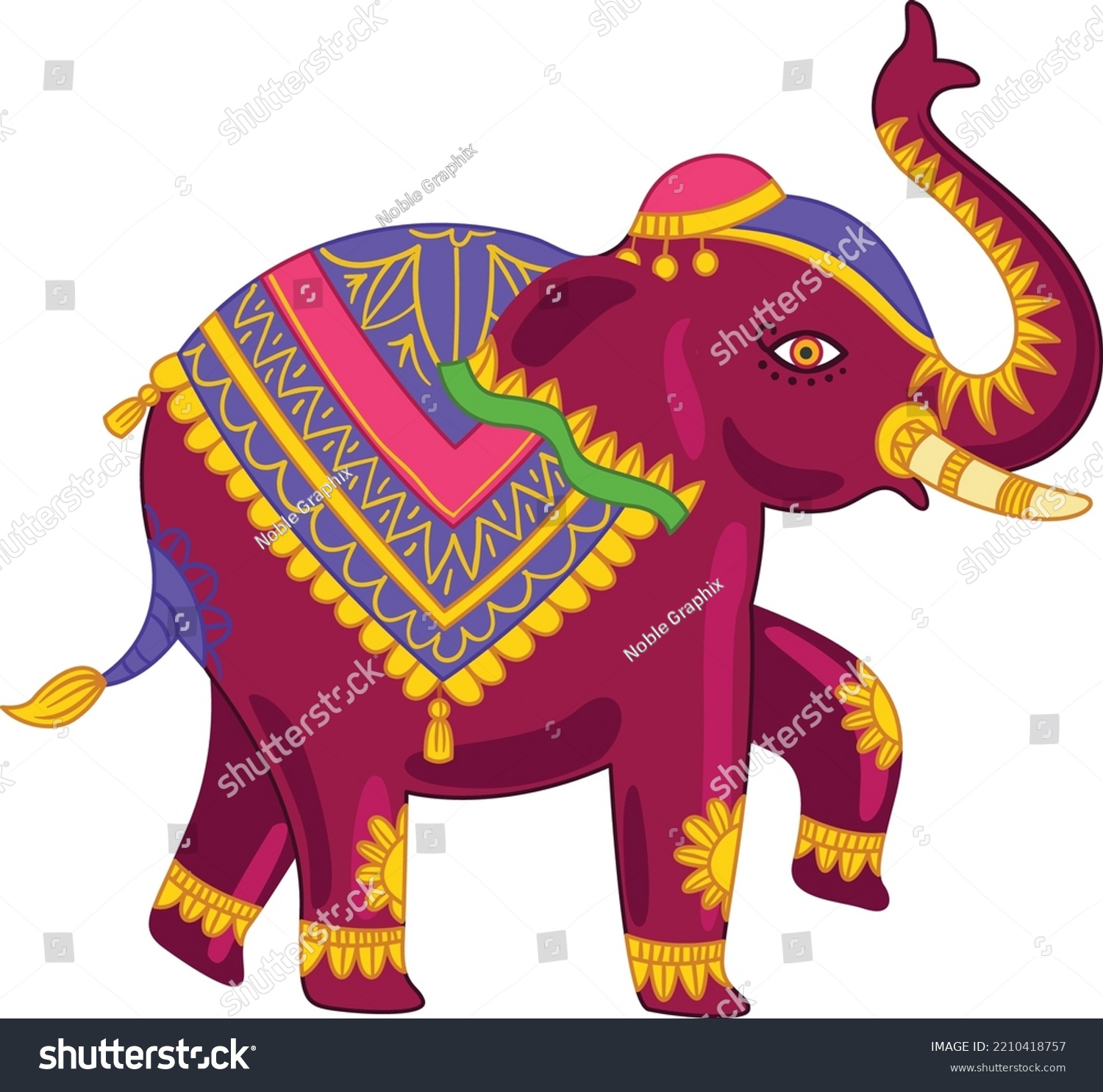 SVG of Indian Elephant Vector Illustration, Purple Color Elephant Icon, Elephant with high up Nose, Elephant Golden cloth, Purple colour Hathi, Indian Hathi vecto svg