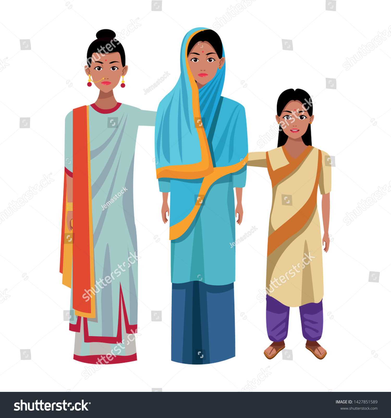 Indian Family Woman Hiyab Woman Sari Stock Vector (Royalty Free ...