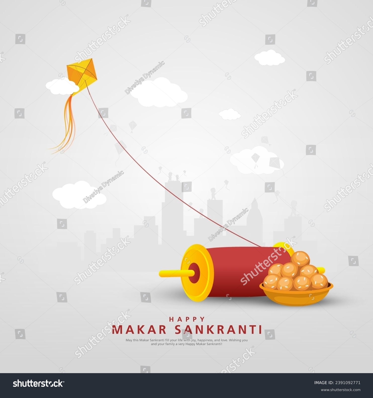 SVG of Indian festival Happy Makar Sankranti poster design with kites flying and string spool on cloudy sky. abstract vector illustration design. svg