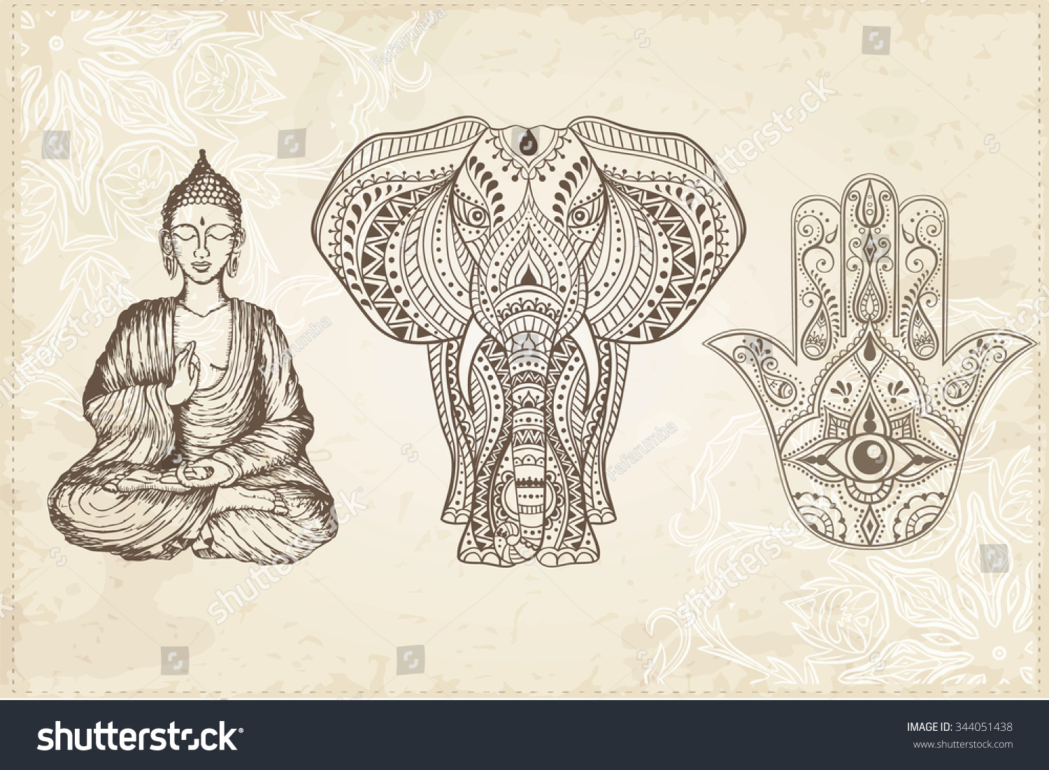 Hamsa Dessiné à la Main par l'Inde avec l'oeil de tous, l'éléphant et le bouddha assis. Amulet arabe et juif. Illustration vectorielle.