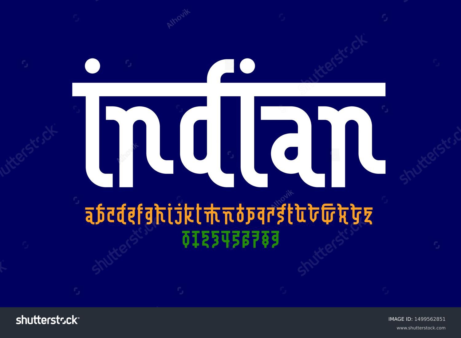 インド風のラテン語フォントデザイン デバナガリ語のアルファベット 文字と数字 ベクターイラスト のベクター画像素材 ロイヤリティフリー