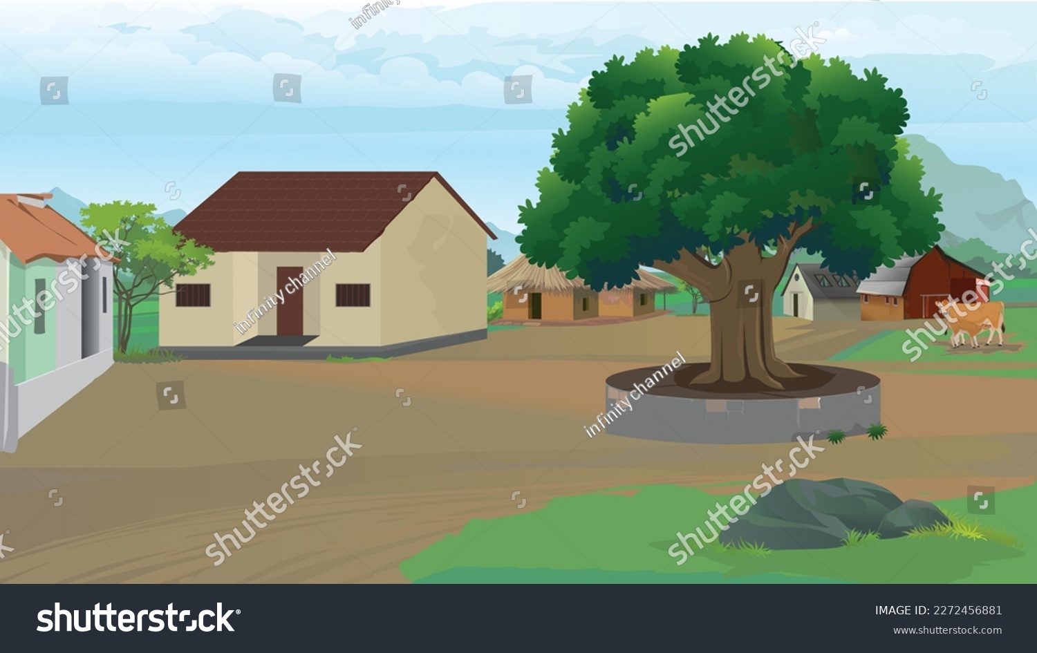 SVG of Indian Village Illustration, a village surrounded by mountains and banyan trees, cow, village meeting svg