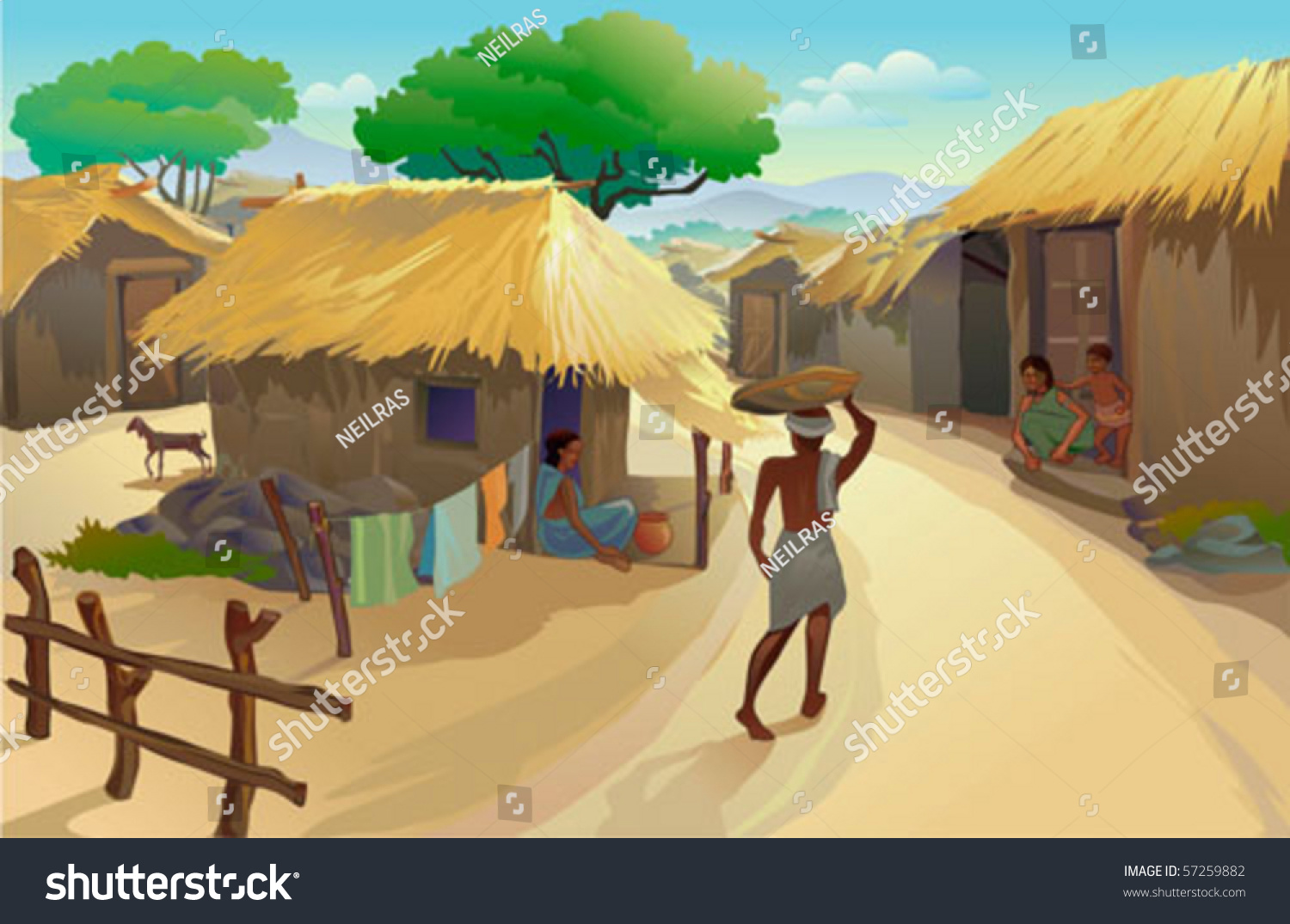 stock vector indian village life dwellers in hut and a man walking 57259882