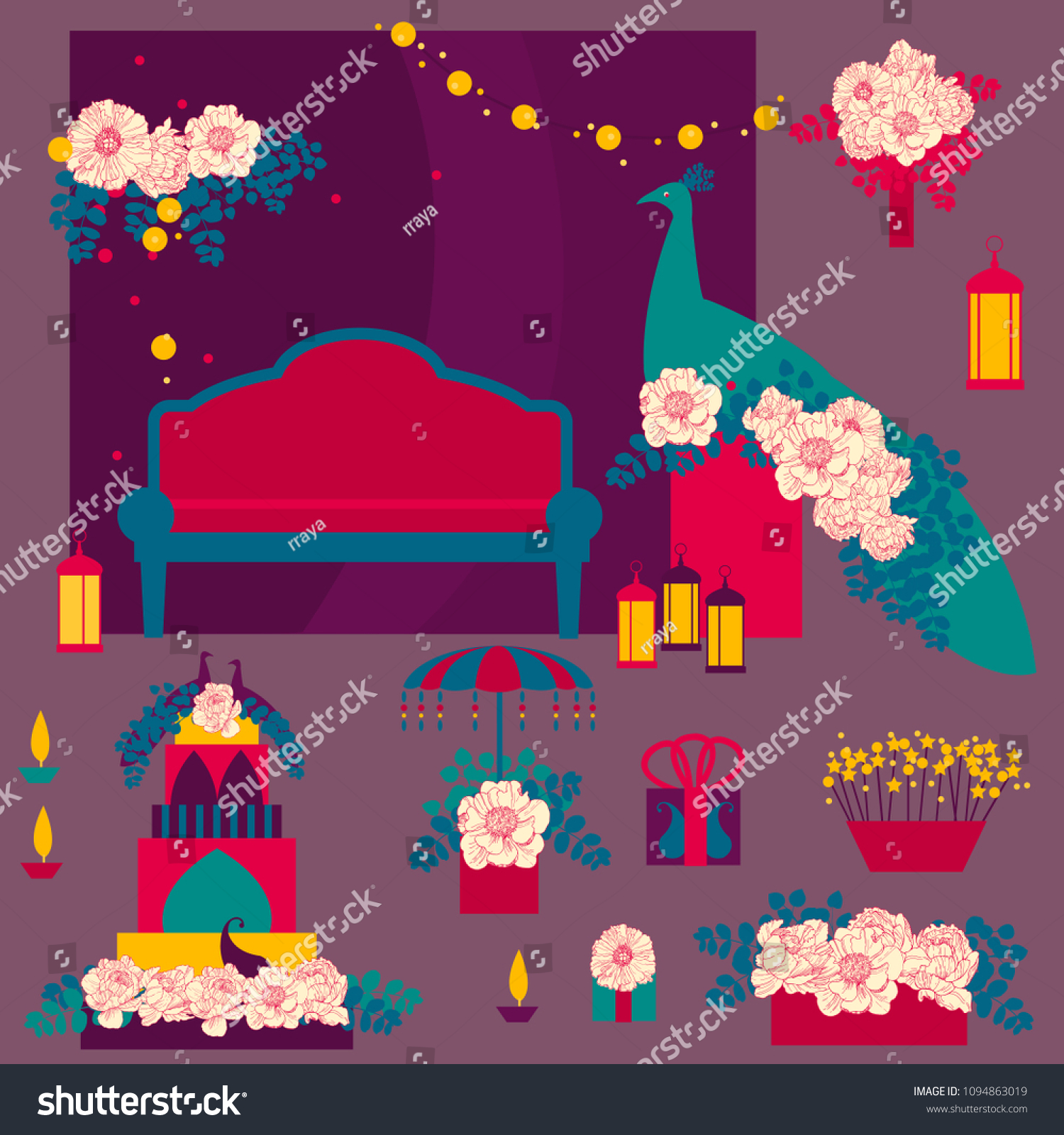 Indian Wedding Wedding Arch Flowers Peacock Stock Vector Royalty