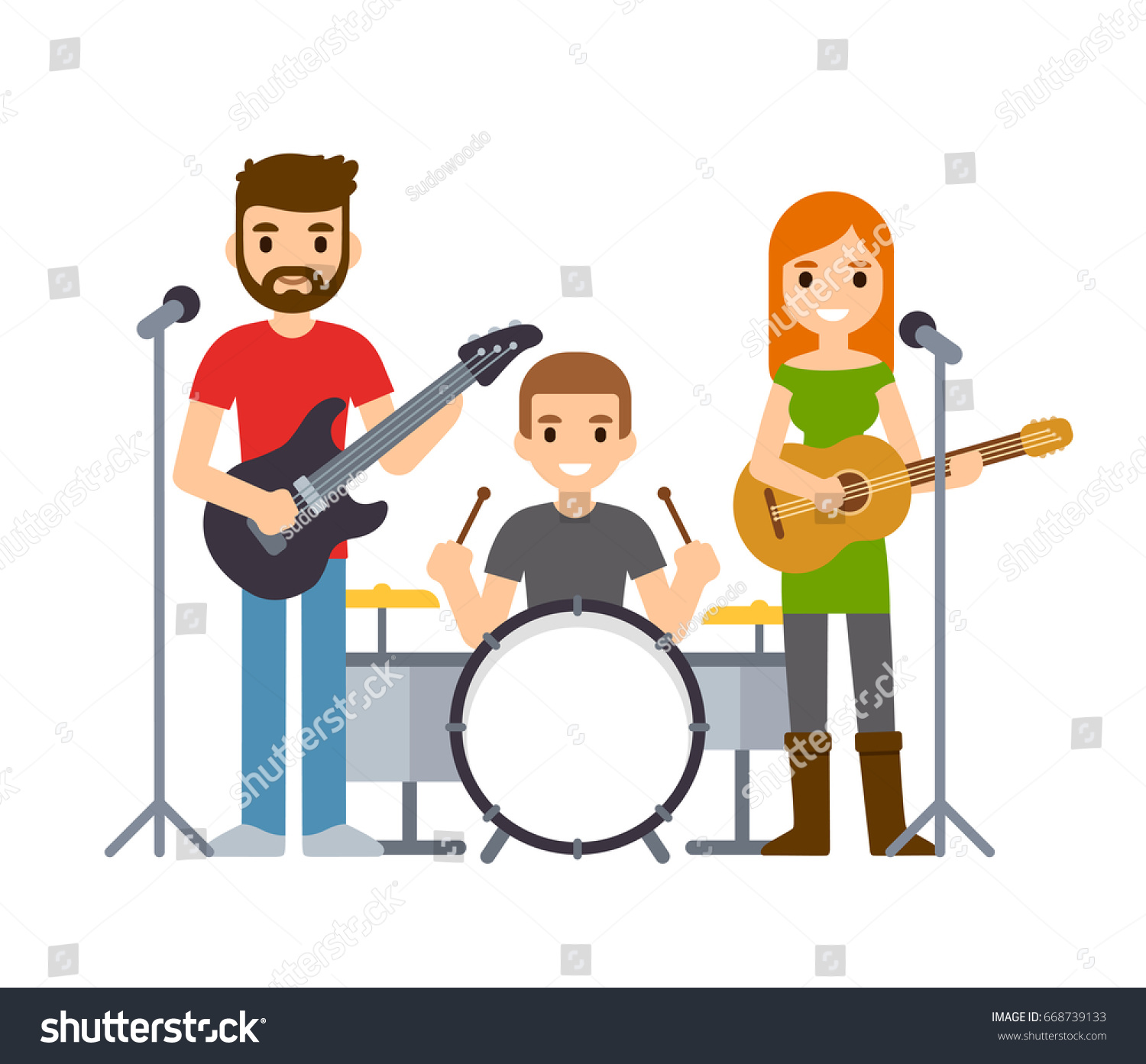 独立摇滚乐队 男性和女性歌手与吉他和鼓手 可爱的卡通矢量音乐家插图 库存矢量图 免版税