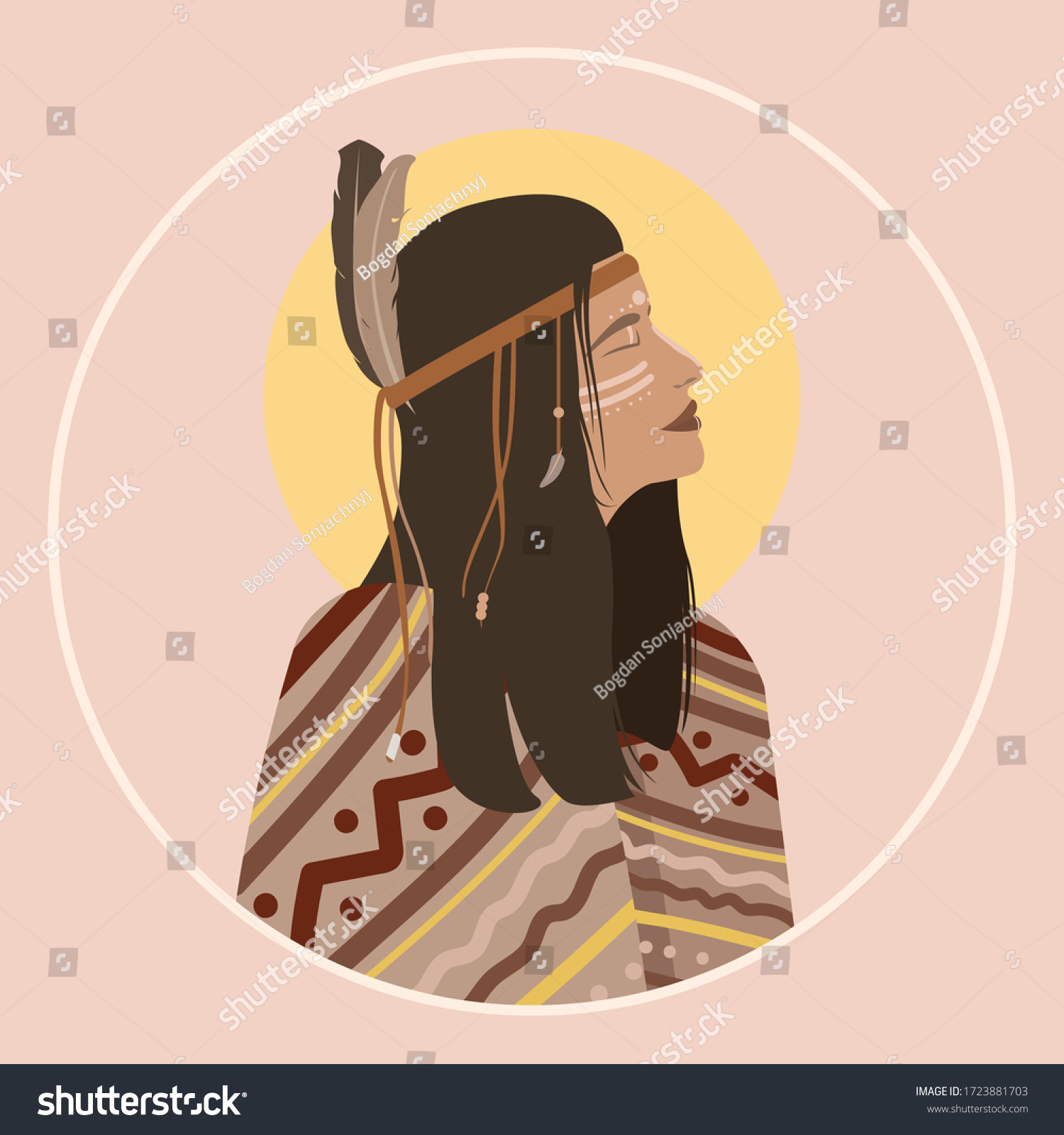 Indigenous Woman Shaman Portrait Feathers Hair Stock Vector Royalty Free 1723881703