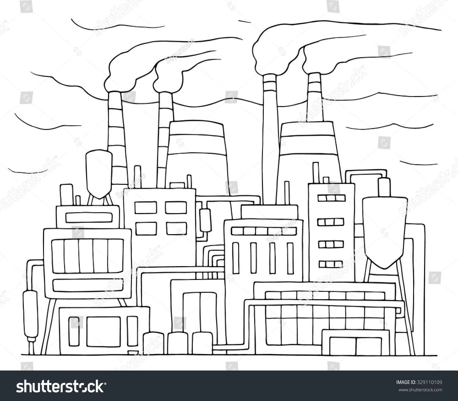 Industrial Cartoon Sketch Of Nuclear Power Station. Doodle Factory With ...