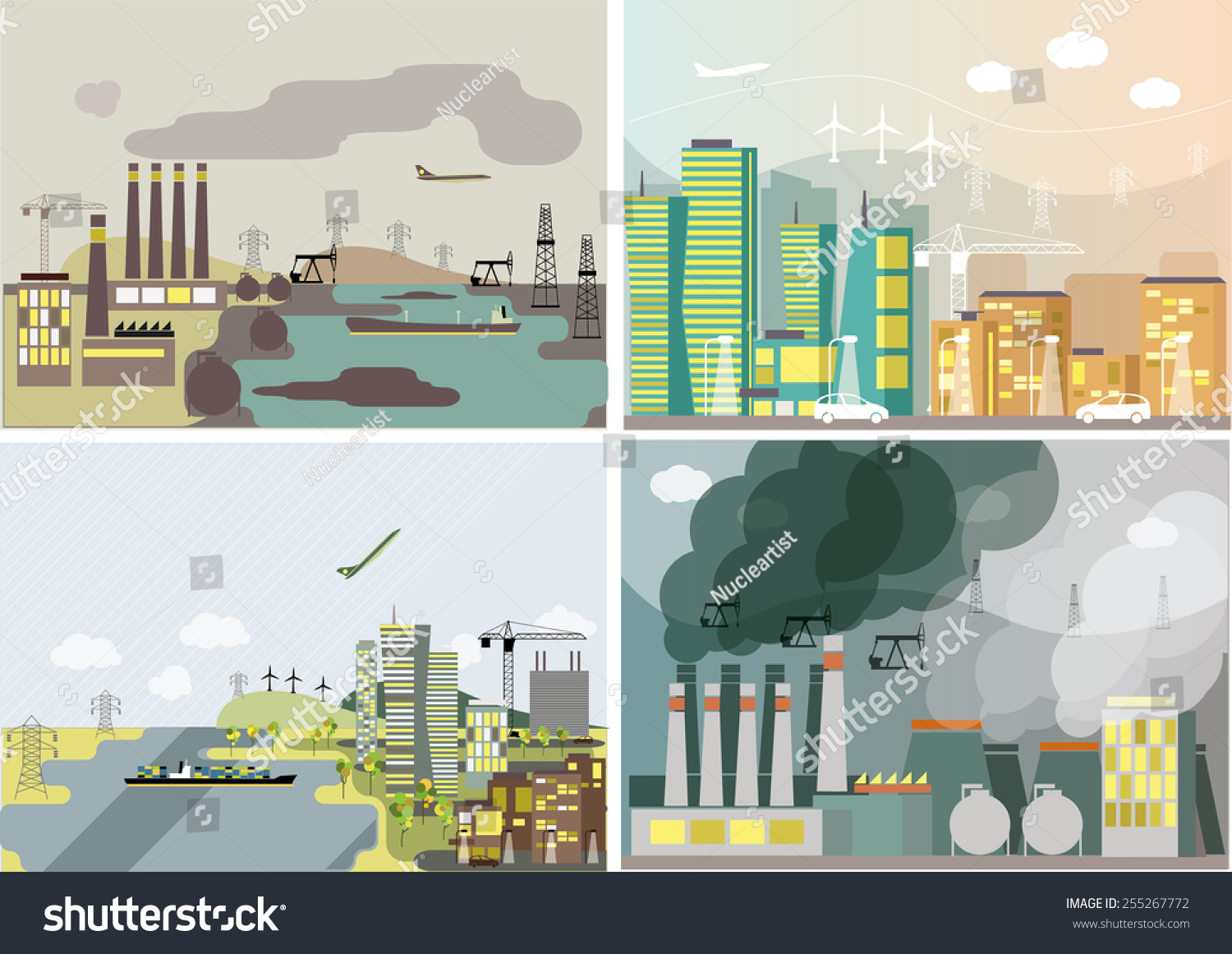 Industrial Landscape Set Plant Factory Ecology Stock Vector (Royalty ...