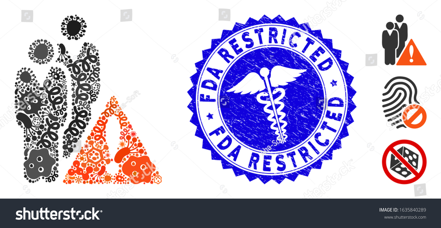 SVG of Infectious mosaic black list icon and round rubber stamp seal with FDA Restricted caption and medic symbol. Mosaic vector is formed from black list icon and with random microbe cell icons. svg