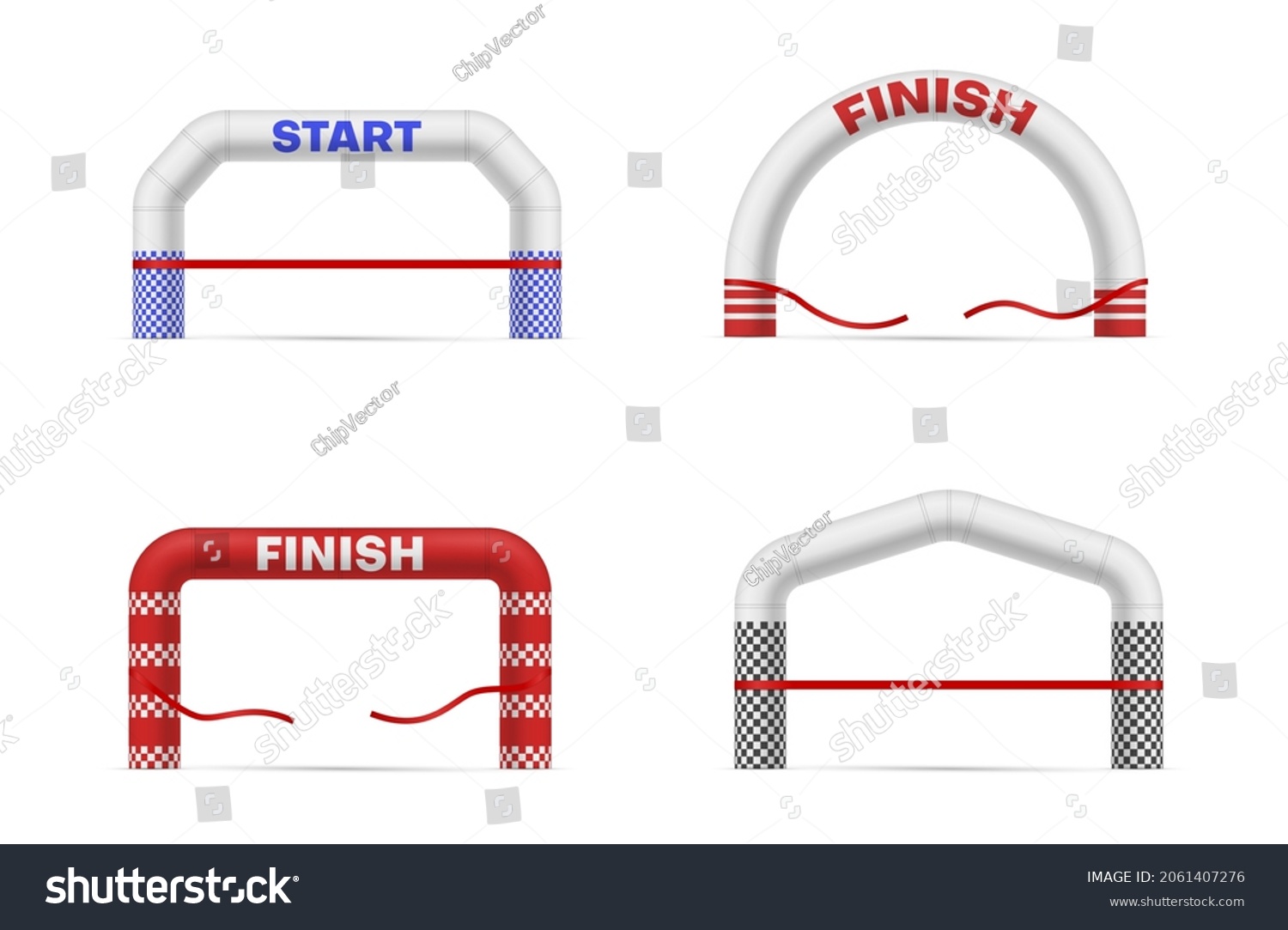 SVG of Inflatable arches set realistic vector illustration. Air rubber gates columns start finish inscription isolated on white. Competition entrance and exit torn or strained ribbon for game sports marathon svg