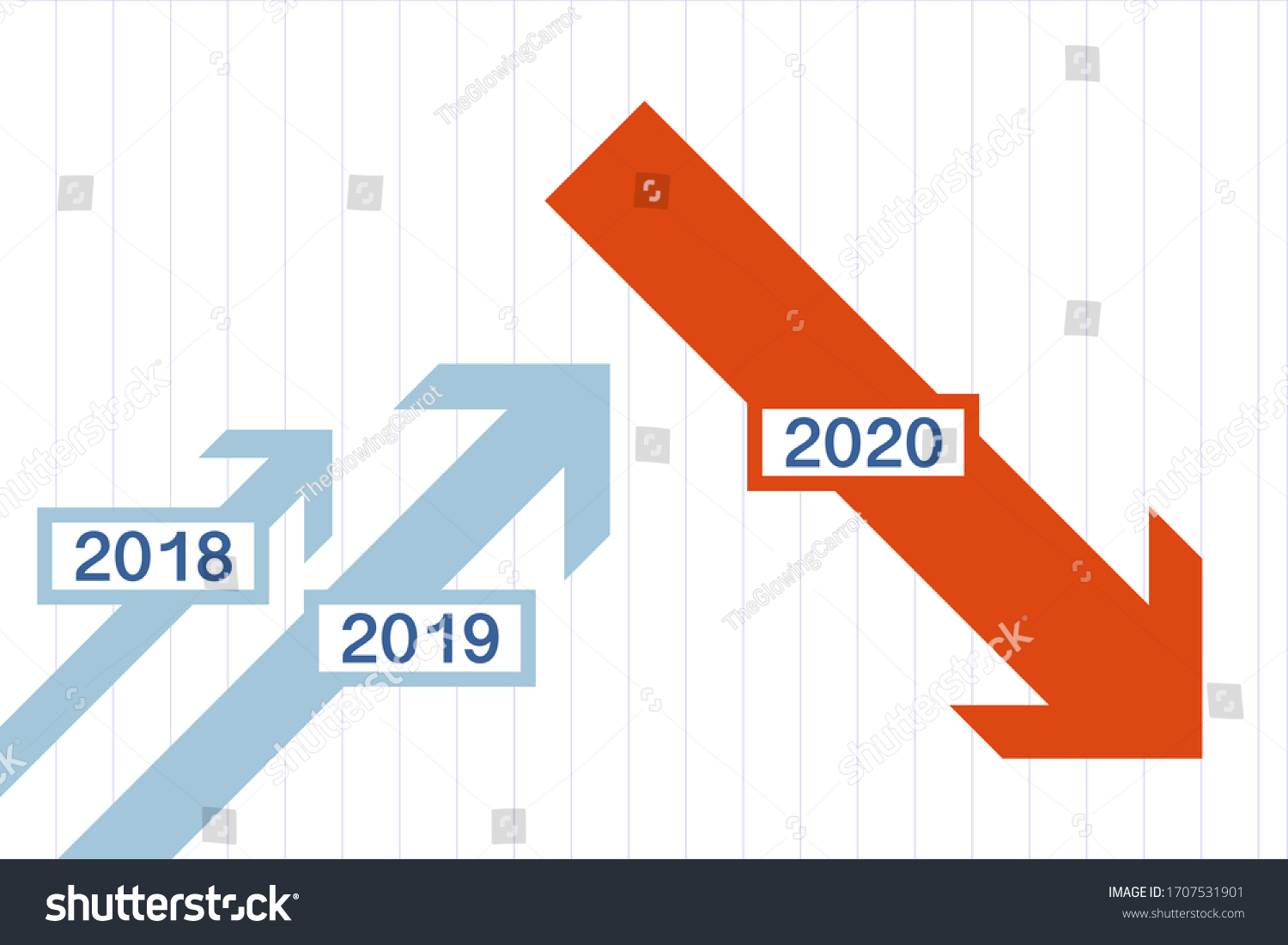SVG of Info graph chart showing arrows representing economic growth in 2019 and decline in 2020. svg