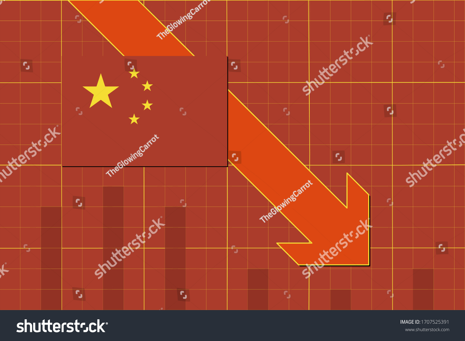 SVG of Info graph chart showing the flag of China and red arrow going down representing economic decline.  svg