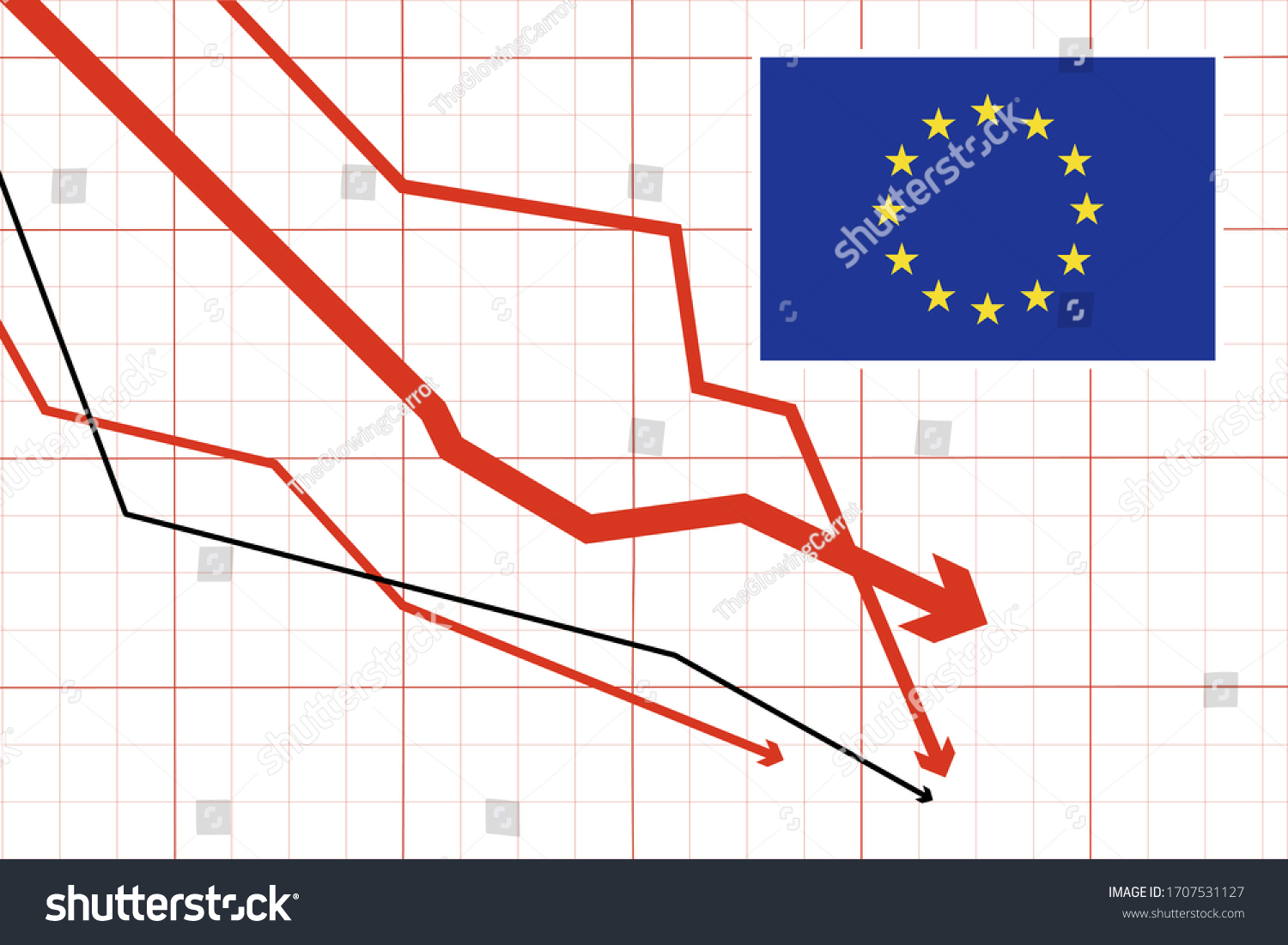 SVG of Info graph chart showing the flag of European Union and red arrows pointing down representing economic decline.  svg