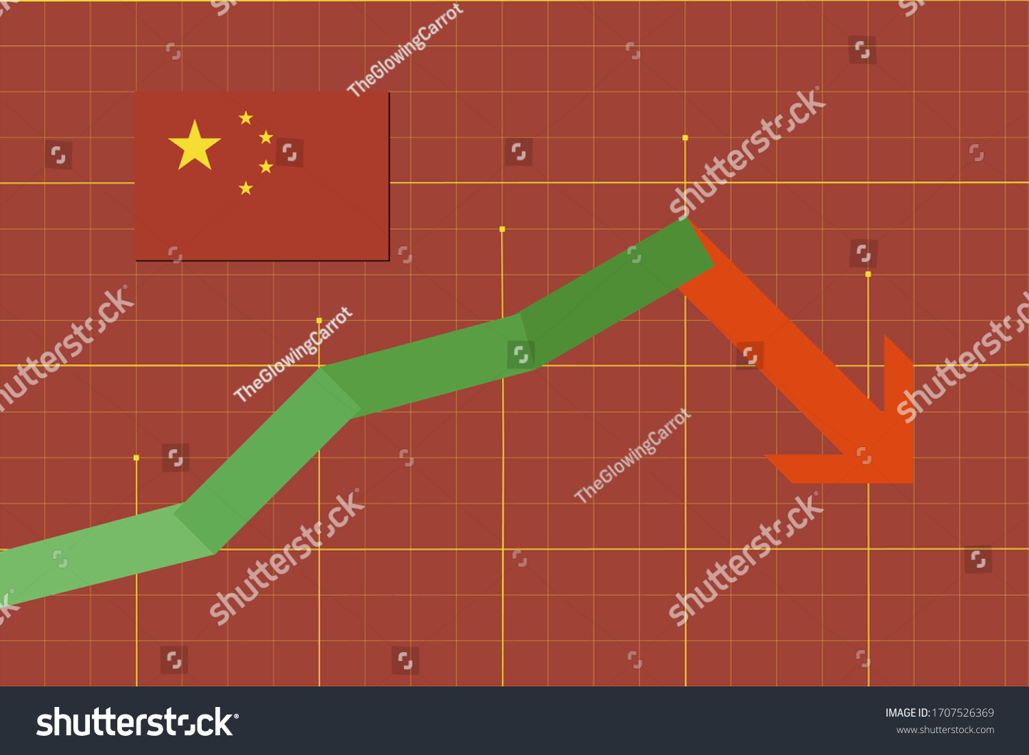 SVG of Info graph showing the flag of China and green and red arrow going down representing economic growth and then decline.  svg