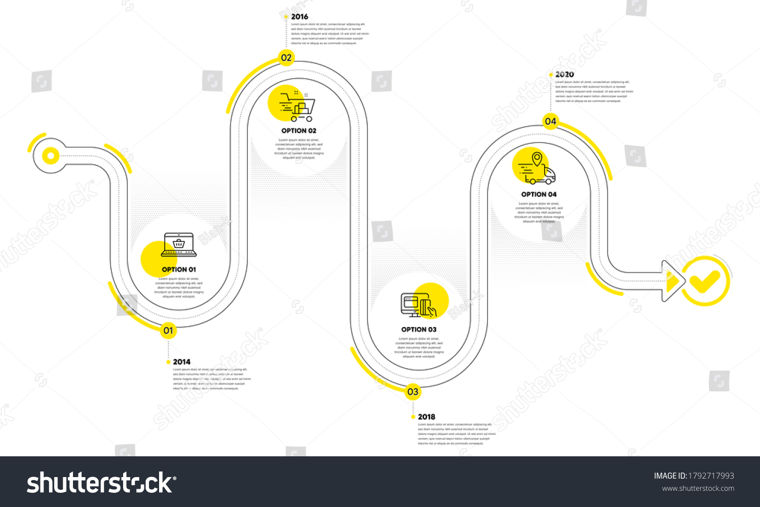 SVG of Infographic timeline with icons and 4 steps. Buying process with numbers. Infographics business concept. Online buying plan, presentation timeline, arrow path. Business journey process. Vector svg