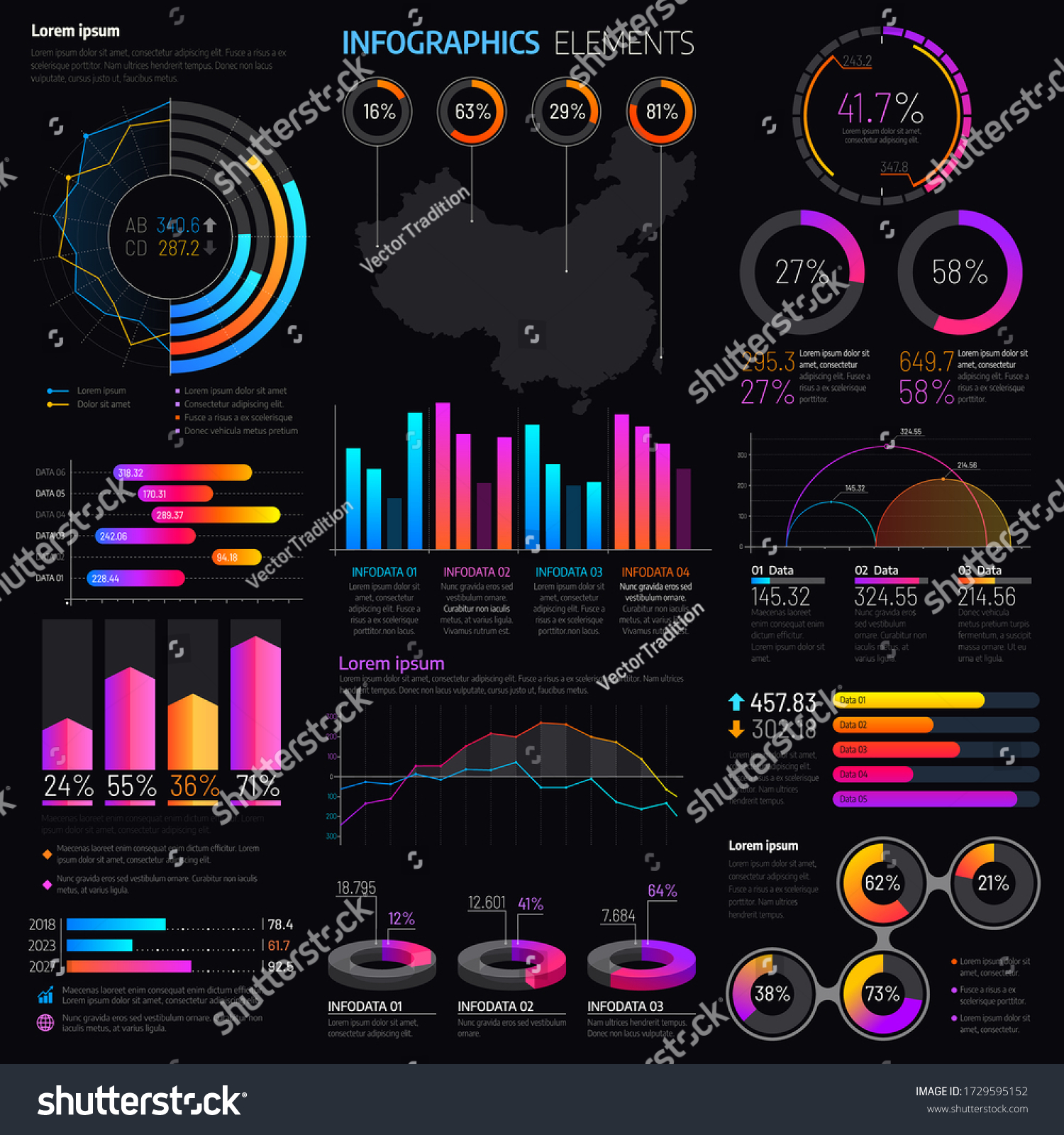 SVG of Infographics elements with vector graphs and charts. Business presentation info graphic templates with bar graphs, statistic data step and pie charts, timeline, process and option diagrams svg