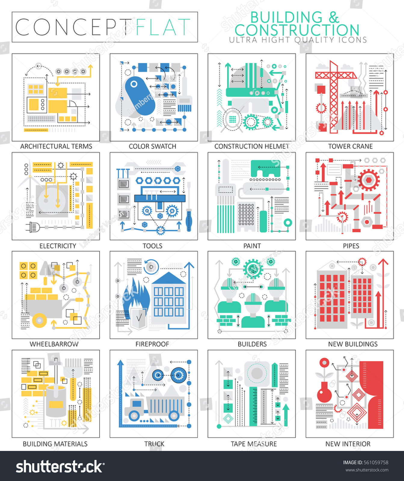Infographics Mini Concept Building Construction Tools Stock Vector