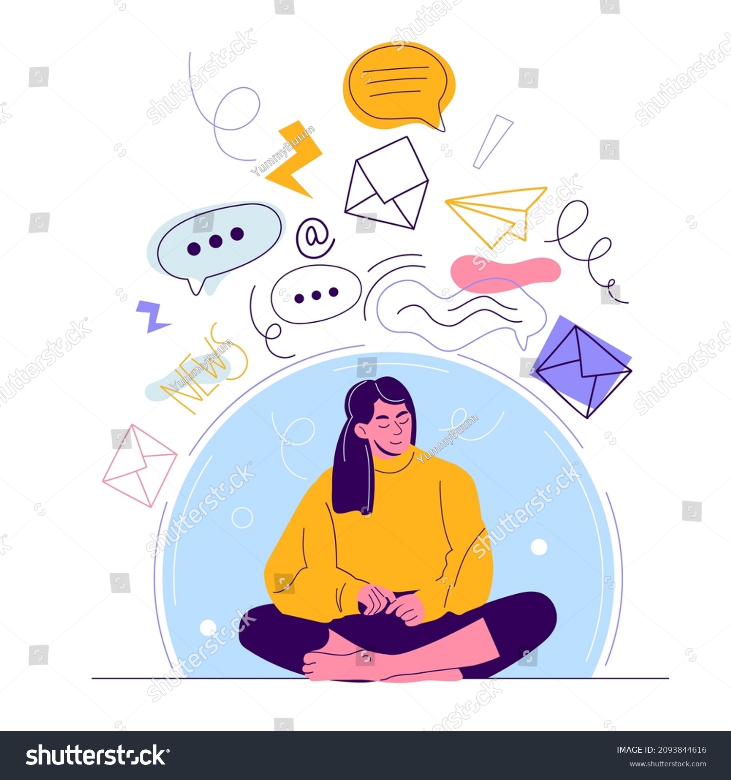 SVG of Information detox. Digital addicted woman. Spam protection field. Girl in meditation. Barrier against unnecessary data. Person in dome from news and messenger pressure. Vector concept svg
