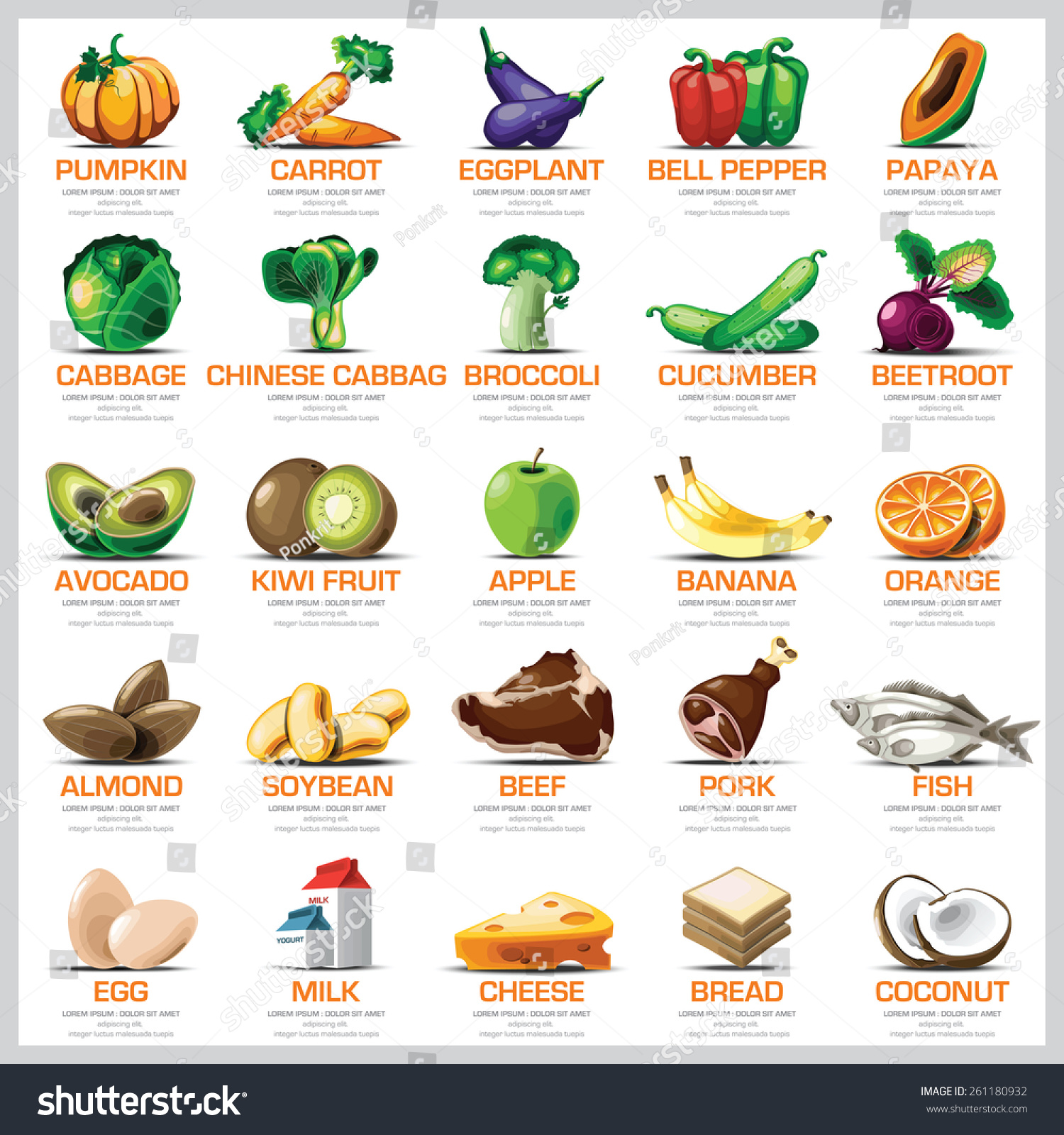 Ingredients Icons Set Vegetable Fruit And Meat For Nutrition Food ...