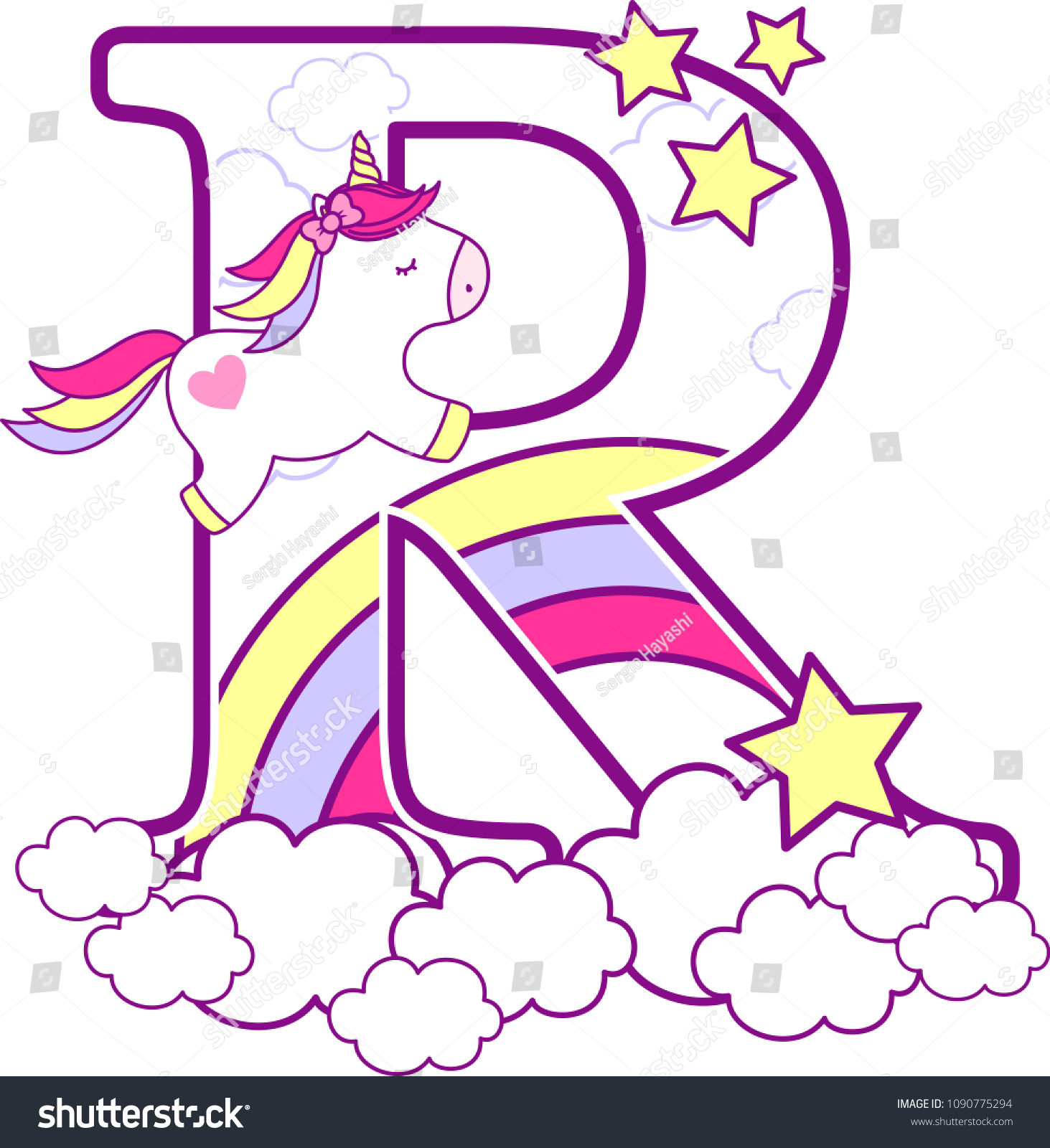 Initial R Cute Unicorn Rainbow Can Stock Vector Royalty Free