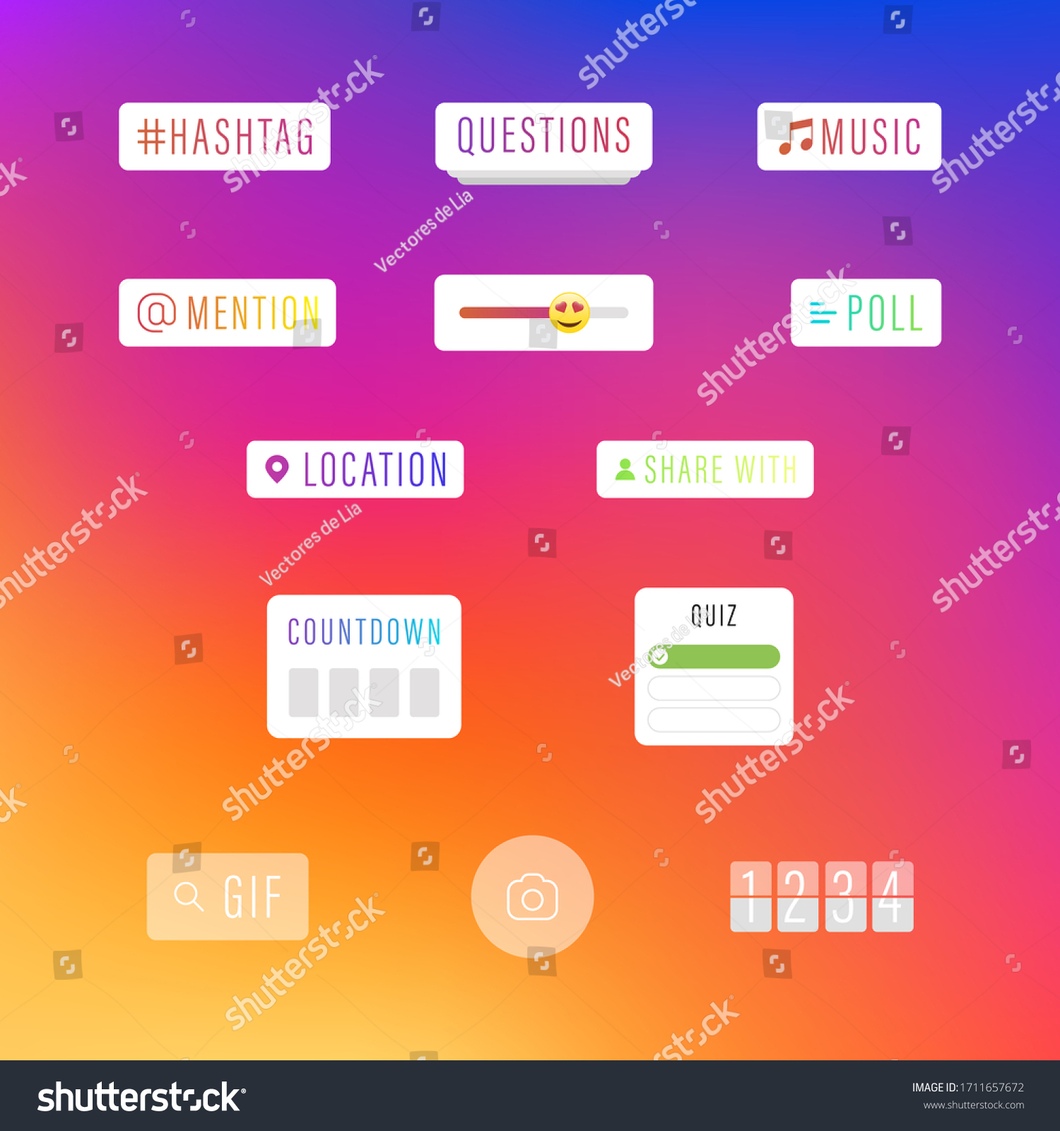 SVG of Instagram Social Media Interface Stickers, Stories Social Media Icons. Templates Stories, Hashtag, Polls, Emoji Slider, Countdown. Vector illustration. Instagram Gradient Background svg