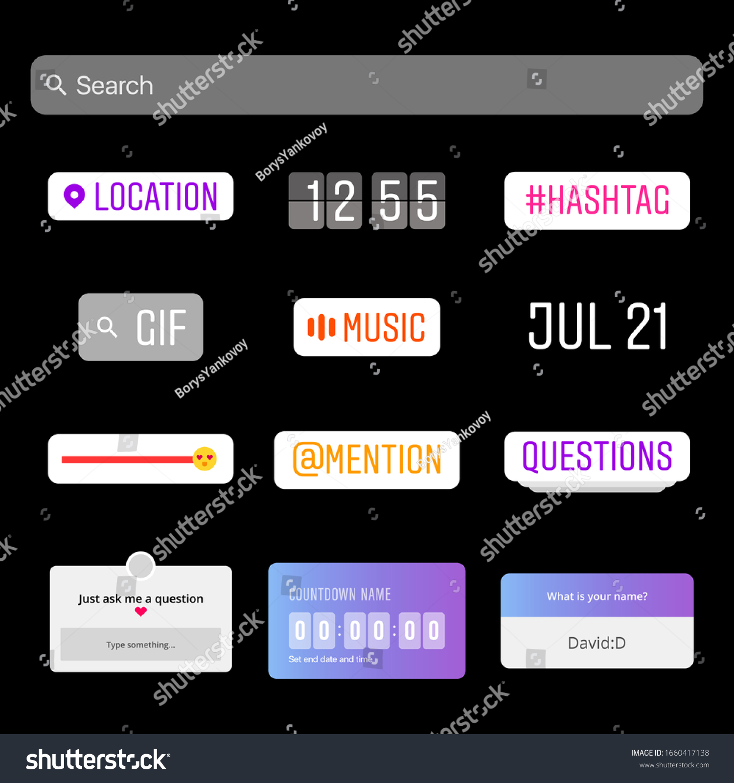SVG of Instagram Stickers. Youtube. Social Media Interface Stickers. Sticker Set. Social Media. Hashtag, Emoji Slider, Countdown Timer, Location, Question, Time and Date Frames Vector illustration. Frame svg