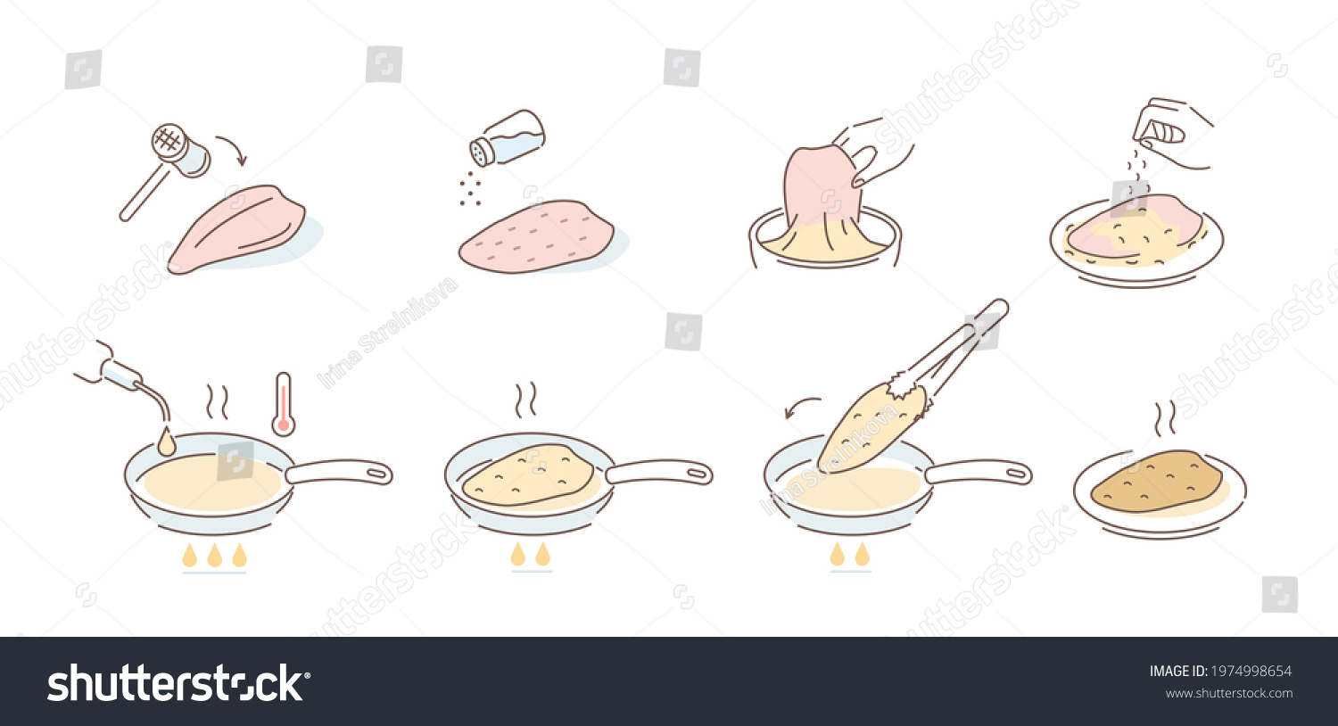 SVG of Instructions how to Prepare Chicken Schnitzel in Pan. Coat Meat with Egg and Breadcrumbs, Fry on both Sides and Serve. Cooking Guide. Flat Line Vector Illustration and Icons set. svg