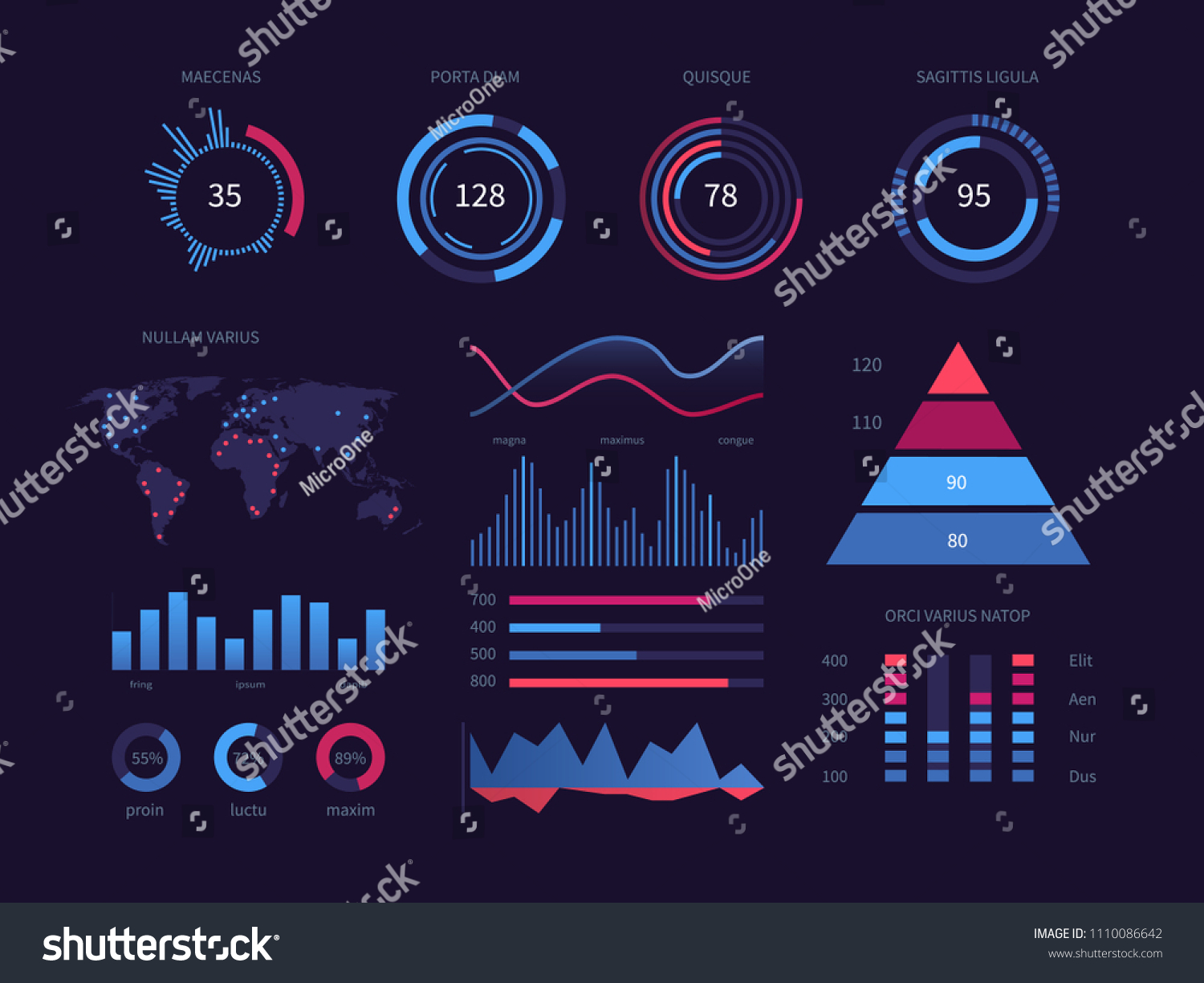 SVG of Intelligent technology hud interactive panel. Data screen with charts, diagrams. Vector futuristic ui infographics on dark background. Illustration of graphic on tech panel, interactive data graph svg