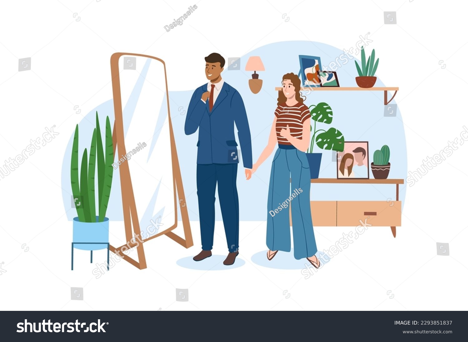 SVG of Interior blue concept with people scene in the flat cartoon style. Young couple look at themselves in the mirror before going out. Vector illustration. svg