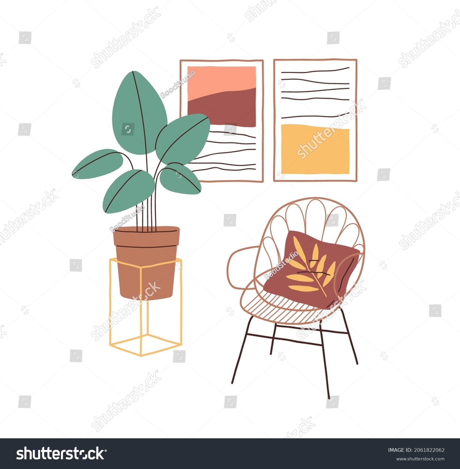 SVG of Interior design with armchair, potted plant and wall pictures. Cane chair with cushion, posters and houseplant. Home in minimalism style. Colored flat vector illustration isolated on white background svg