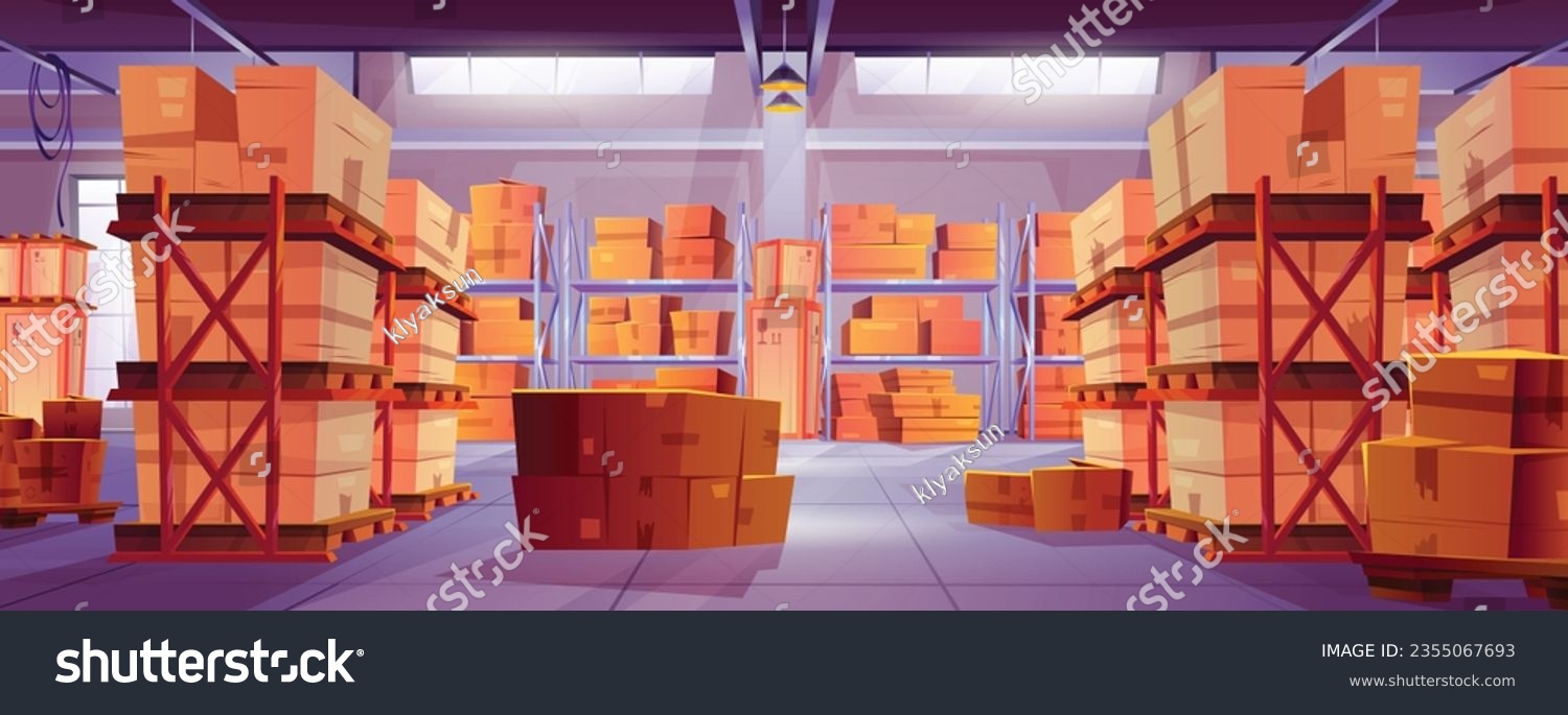 SVG of Interior of large warehouse with goods in wooden containers and cardboard parcel boxes on pallets and metal shelves and racks. Cartoon vector illustration of factory or store storage room inside. svg