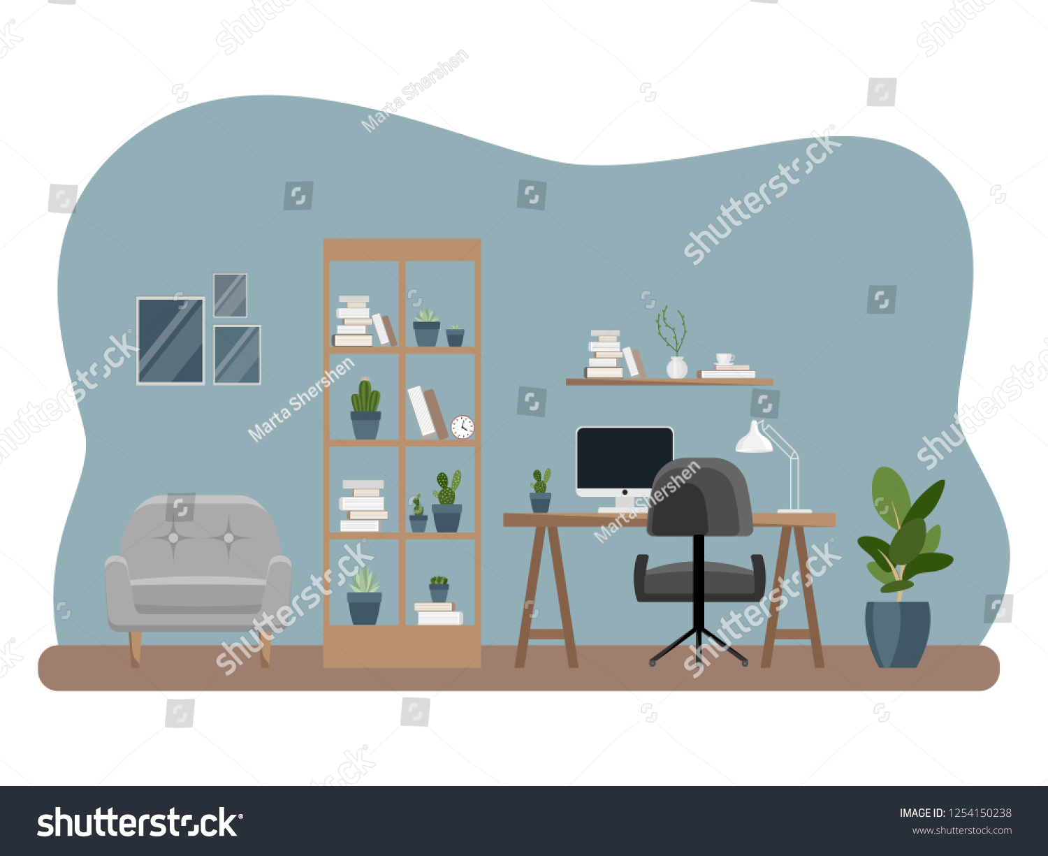 Interior Office Workplace Furniture Flat Cartoon Stock Vector (royalty 