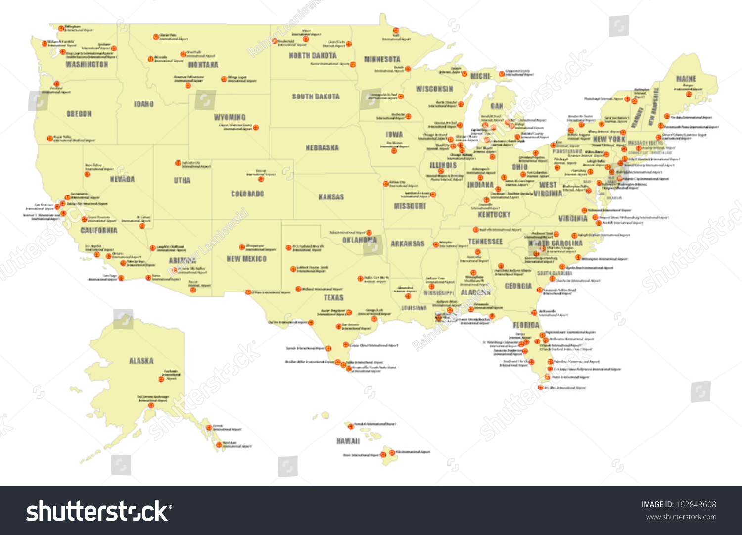 International Airports United States Map Stock Vector Royalty