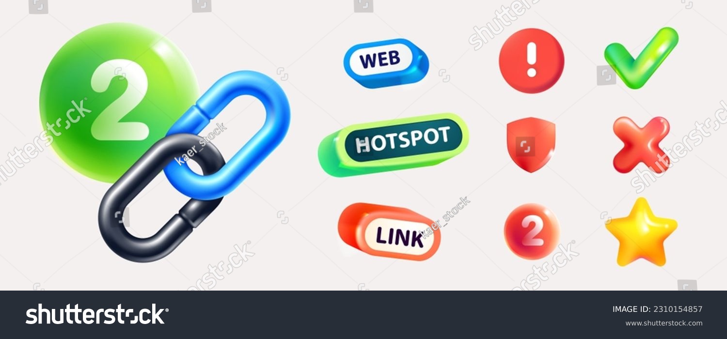SVG of Internet connection icon set. Chain links, emblems, checkmark, red cross, star, shield in 3D cartoon plastic style. Realistic vector for blockchain design, hotspot logo, crypto currency app, NFT UI. svg