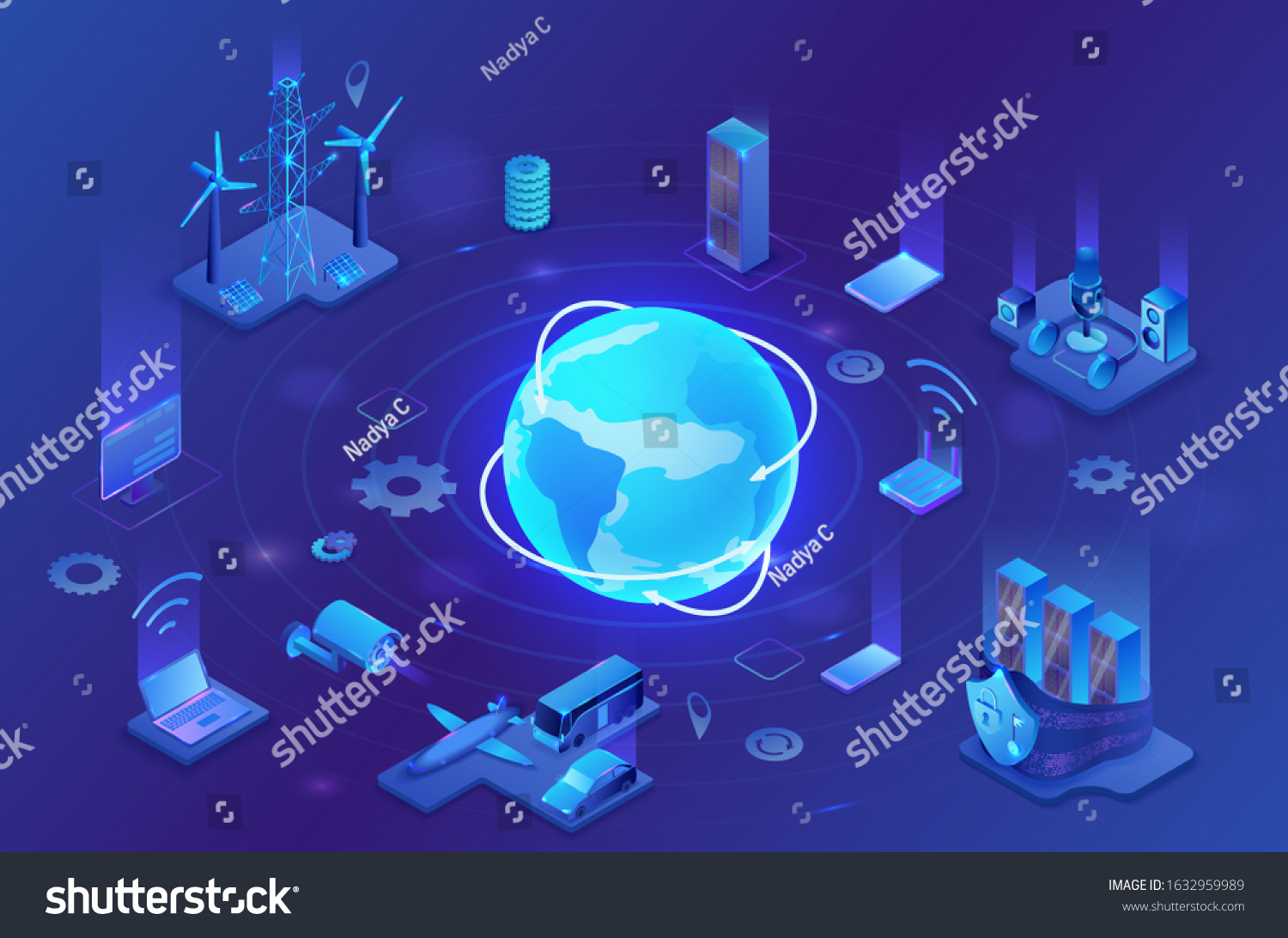 Internet Of Things Infographic Illustration, Neon Blue Isometric 3d