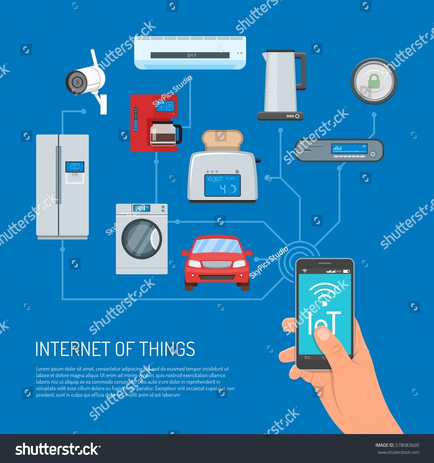 モノのインターネットのベクター画像コンセプトイラスト Iot 文字を画面に入れたスマートフォンを持つ人間の手 家電 モバイルに接続された自動アイコン ホームオートメーションコンセプト フラットスタイル のベクター画像素材 ロイヤリティ フリー