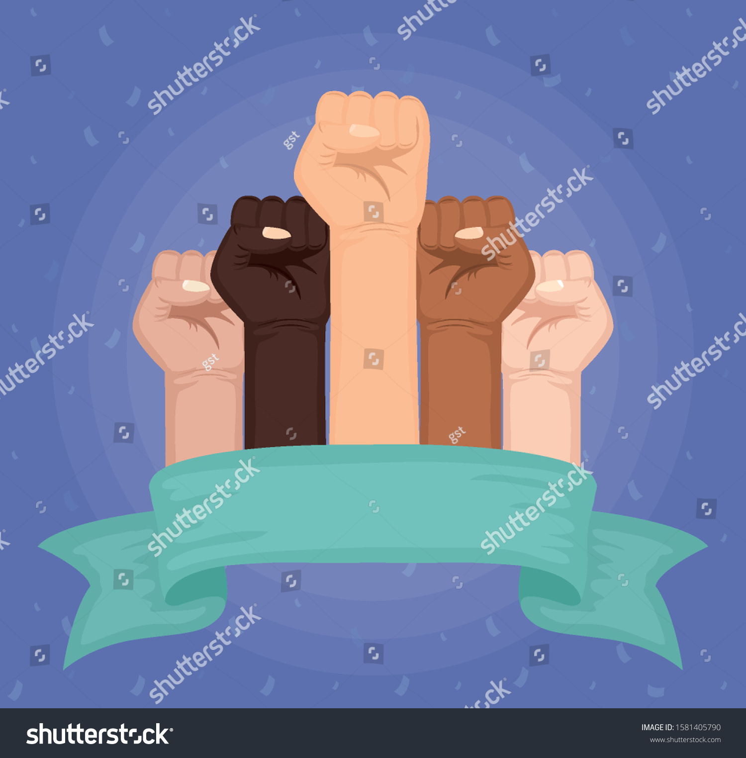 Interracial Hands Fist Ribbon Frame Vector Stock Vector Royalty Free