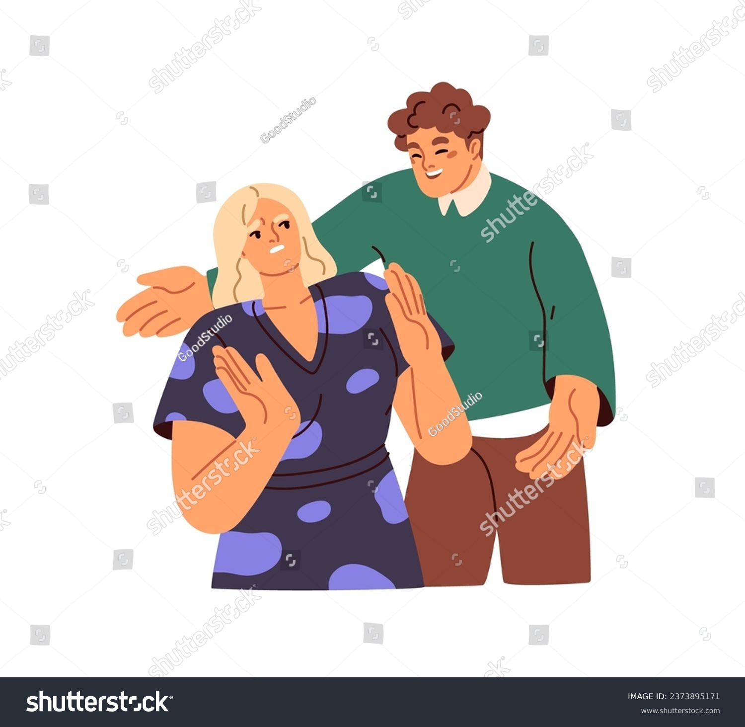 SVG of Intrusive man, unwanted hugs, unwelcome awkward touch. Harassment, unrequited love concept. Embarrassed woman hates unpleasant nasty guy. Flat graphic vector illustration isolated on white background svg