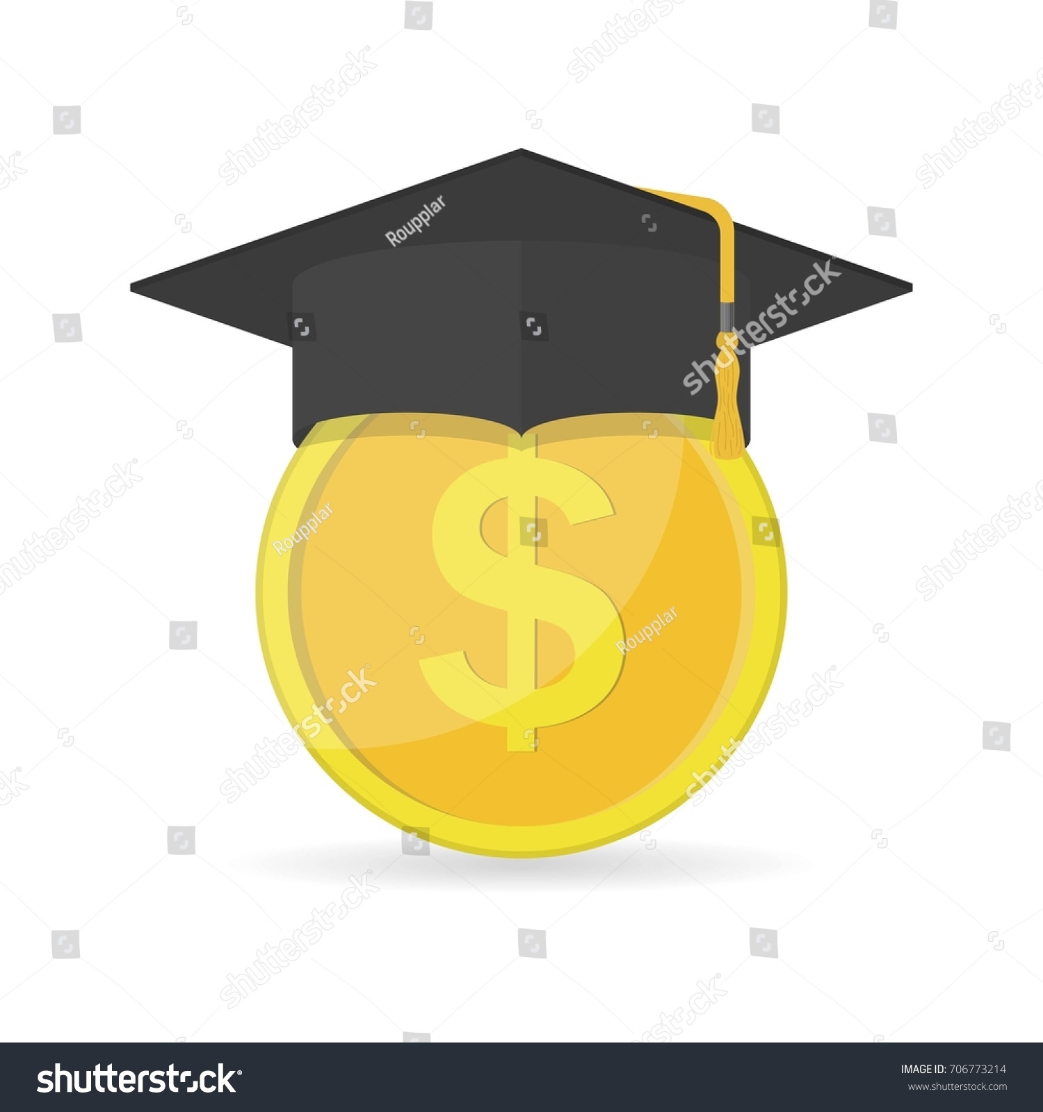 Investment in education icon. Concept of education costs, study cash, tuition fees, tax, pay, spending education money investment. Graduation cap with coin. Vector illustration